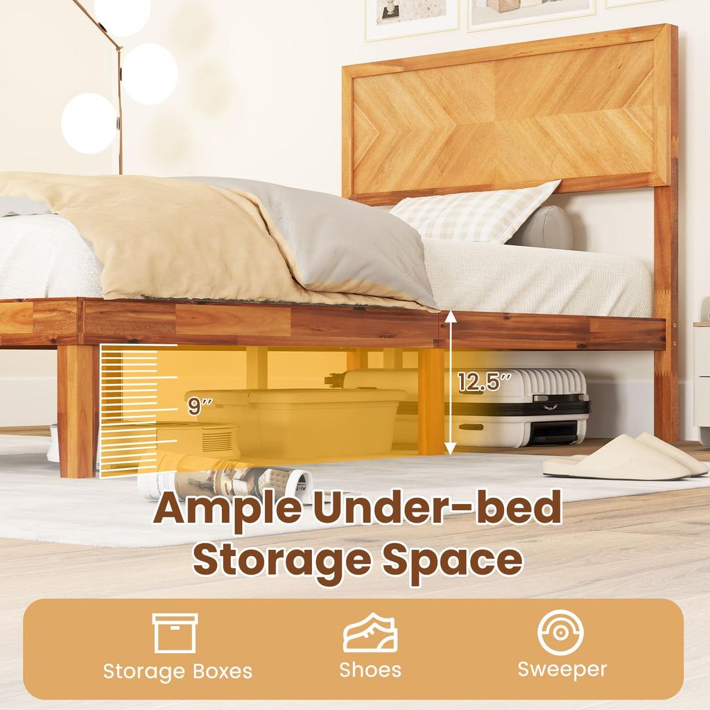 Giantex Wood Twin Bed Frames with Headboard, Solid Acacia Wood Platform Bed with 12 Strong Wooden Slat Support, Scandinavian Style Art Deco Twin Size Bed Frame, No Box Spring Needed, Rustic Brown