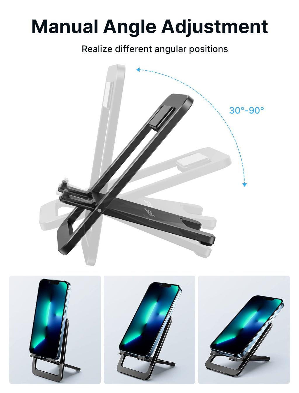 JSAUX Cell Phone Stand, Foldable Aluminum Adjustable Phone Holder for Desk Portable Travel Essentials Office Accessories for iPhone 17 16 15 14 13 Pro Max Samsung S25 S24 S23 Ultra Kindle-Black