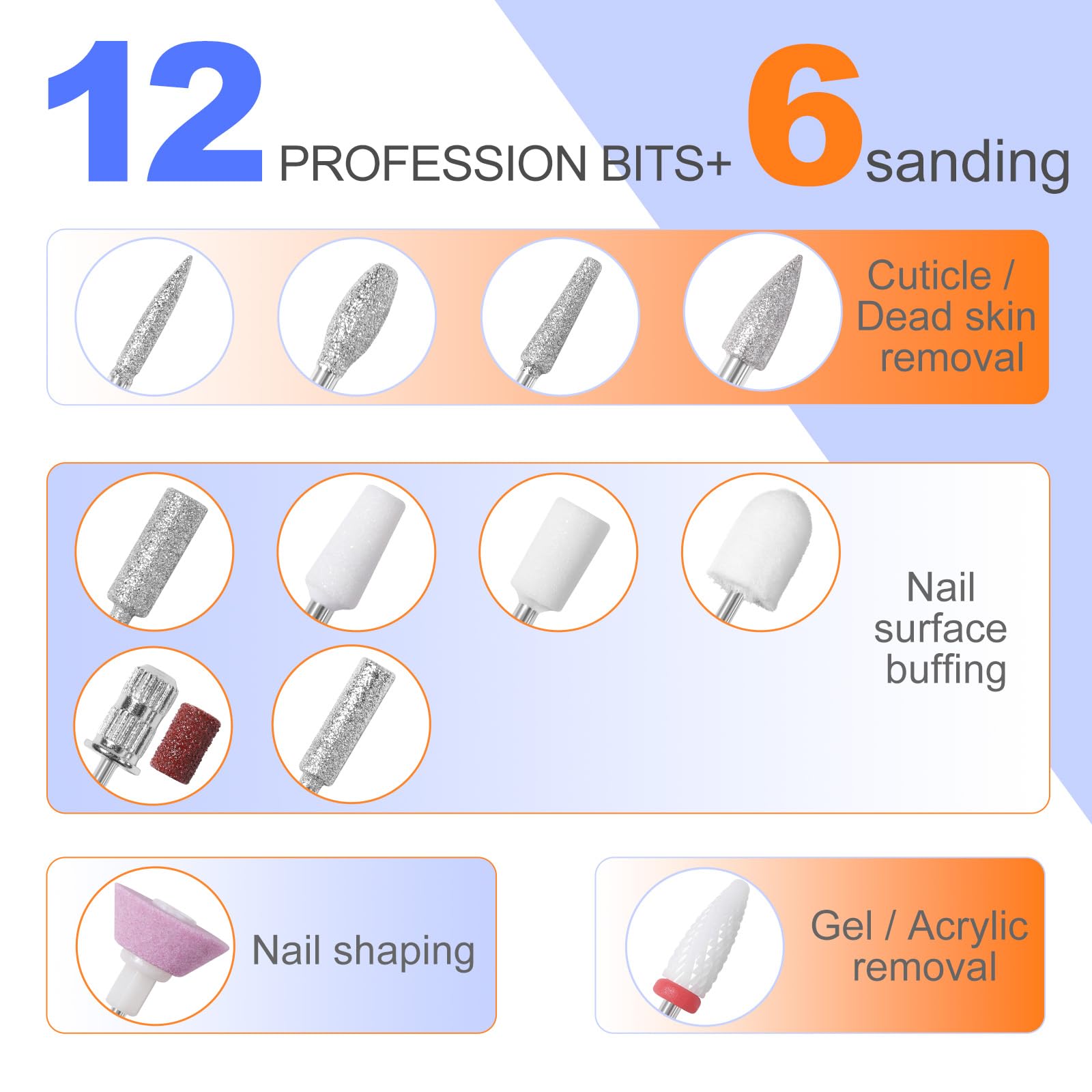 MEKK Nail Drill Kit,35000RPM Electric Nail Drill Professional Electric Nail File with 12PCS Bits,Anti-Shaking Cordless E Filer for Nails with LCD Display,Home & Salon (Orange Blue)