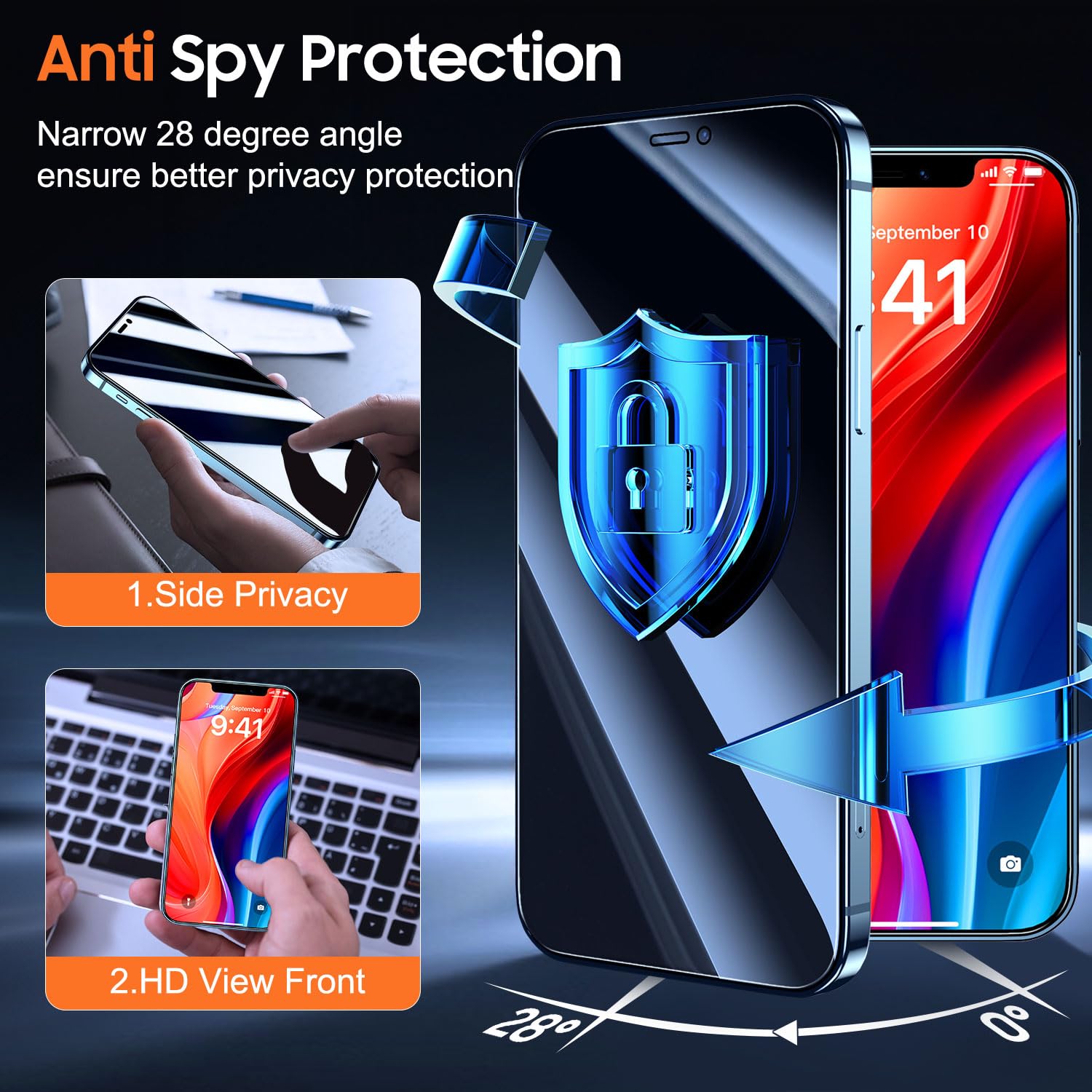 UniqueMe for iPhone 12 Pro Max Privacy Screen Protector - [Military Grade Shatterproof & 9H+ Hardness] Screen Protector 12 Pro Max Tempered Glass Full Coverage Protection, Easy to install, 2 Packs