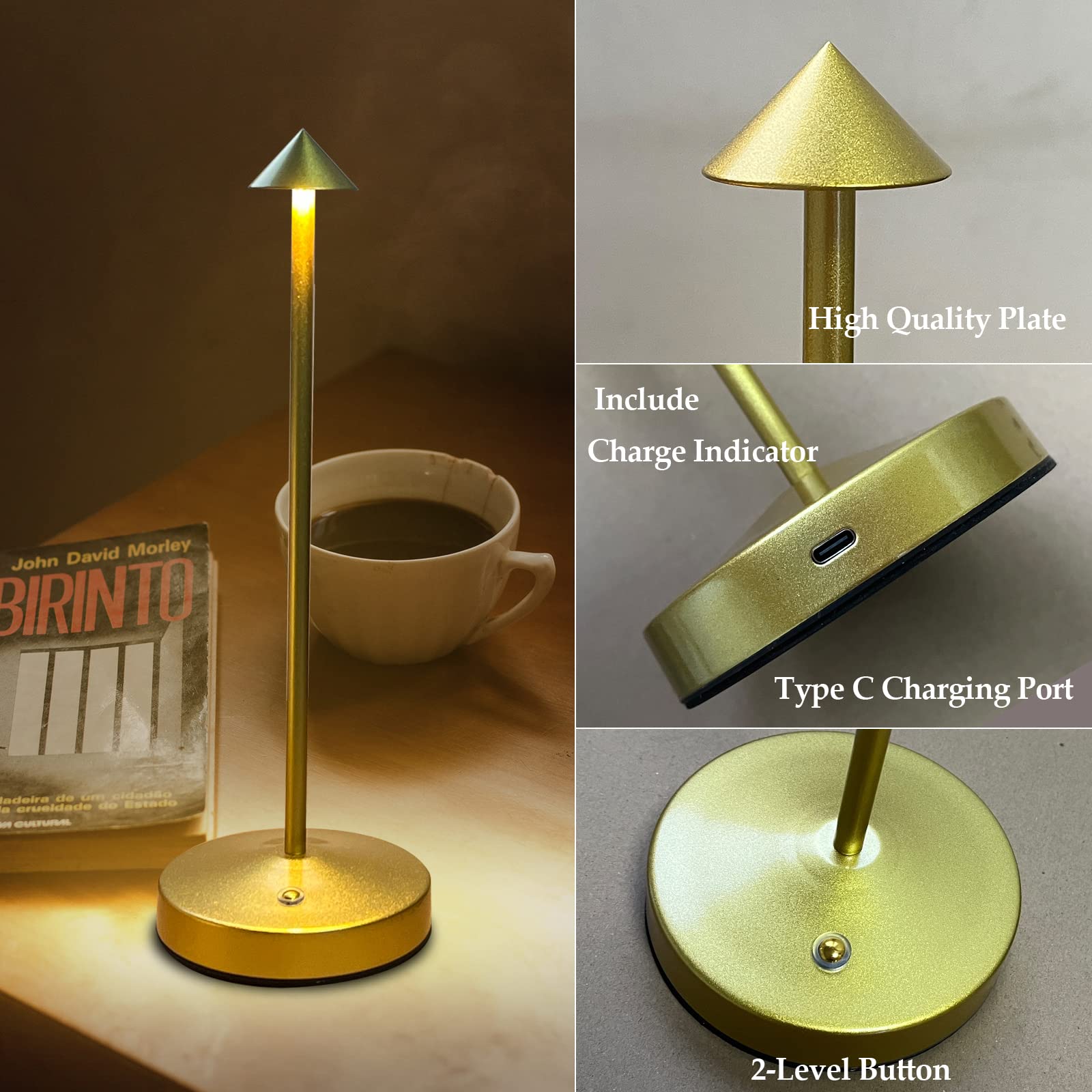 Rechargeable Cordless Lamps,3000mAh Battery Operated Table Lamp,Portable LED Touch 2 Levels Brightness Dimmable Bar Lamp,Battery Powered Lamps for Bars,Restaurant,Living Room(2 Pack,Rust)