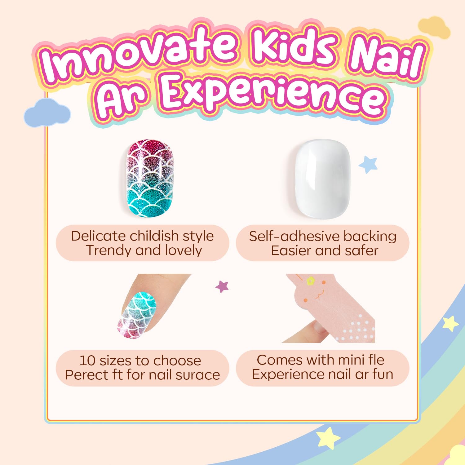 Modelones Press on Nails for Kids 144Pcs 6 Pack Children Acrylic Fake Nails Pre-glue Full Cover Glitter Gradient Color Heart Cat Short False Nail Art Kits Sets Christmas Gifts for Kids Girls