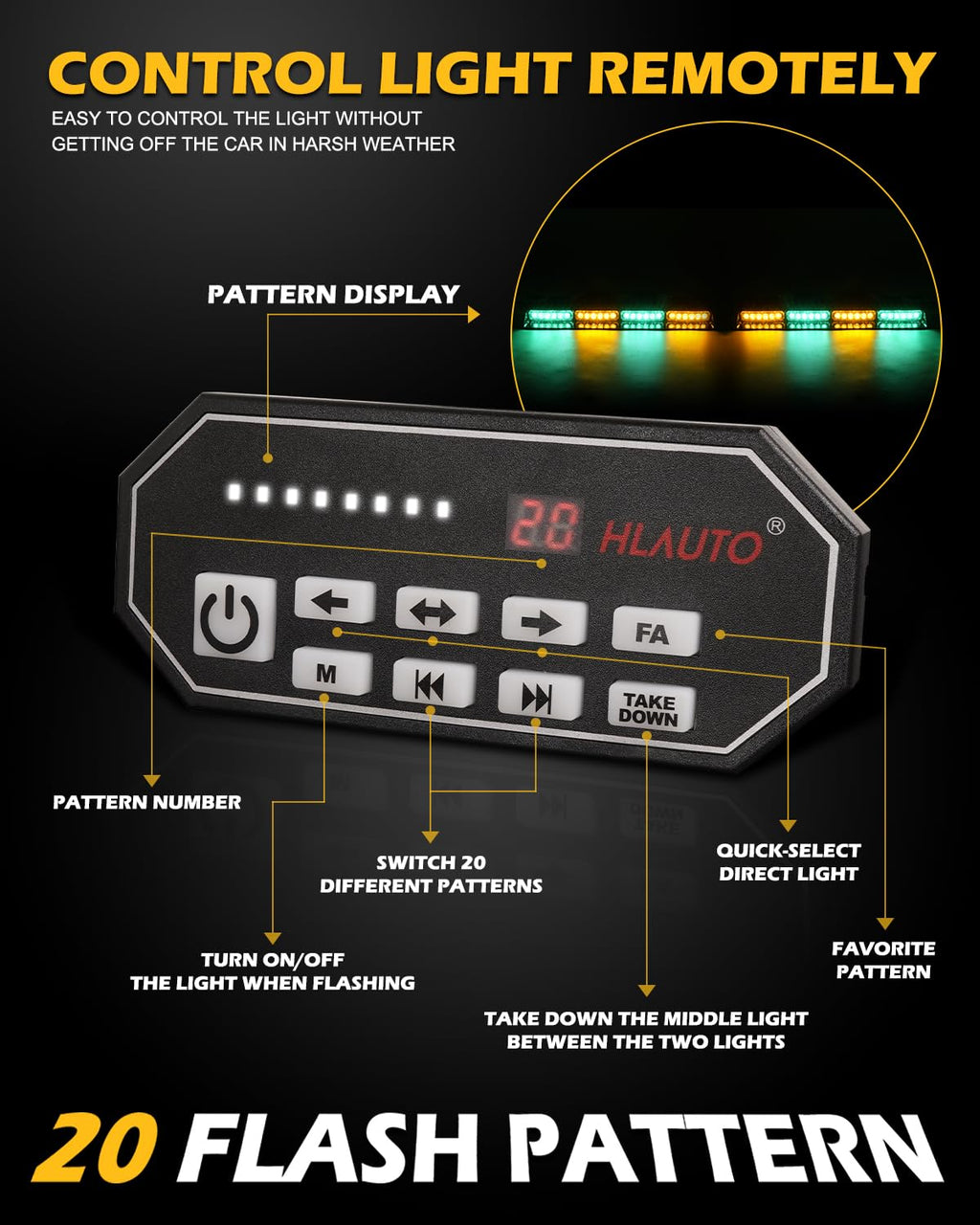 HLauto 604N Emergency Dash Strobe Lights: 2x16.8 inch Amber White Security Light w/Take Down, 48 LED Safety Flashing Warning Hazard Interior Windshield Light Bar for Truck Vehicle