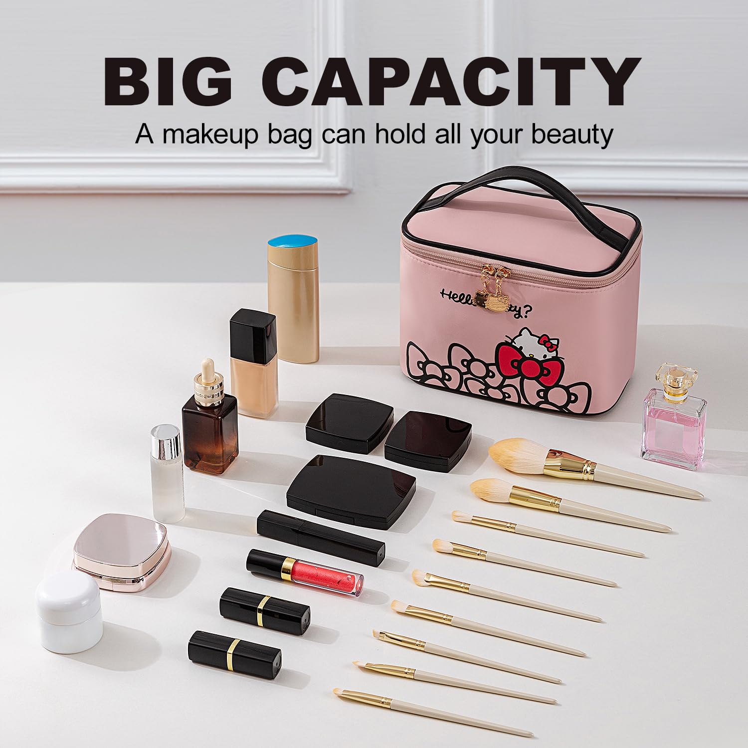 AmBealla Makeup Bag Large Waterproof Cosmetic Bags with Makeup Brush Holder,Cute Printed Makeup Organizer for Women Traveling,Portable Toiletry Bag for Girls