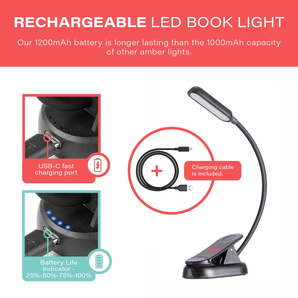 hooga Red Book Light, Rechargeable Clip On 625nm LED Light for Reading in Bed. No Blue Light Emitted, Eye Care Light for Strain-Free, Healthy Eyes. Gift for Students, Kids, Travel, Nursing, Studying.