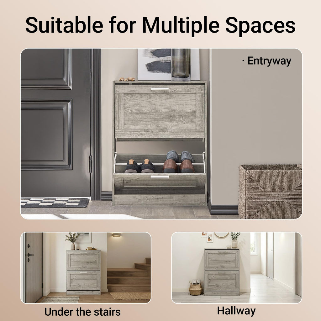 Haotian Shoe Cabinet Storage for Entryway, Narrow Shoe Cabinet with Two Flip Drawers to Save Space, Shoe Rack Cabinet for Front Door Entrance Hallway (Black)