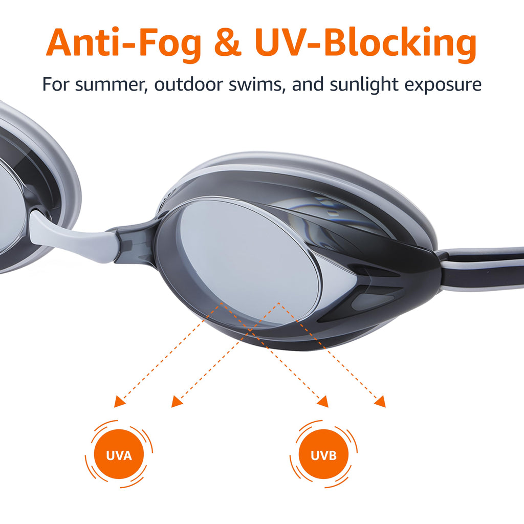Amazon Basics Unisex Swim Goggles for Adults, Anti-Fog, Unisex, Wide View, 4 Interchangeable Nosepieces