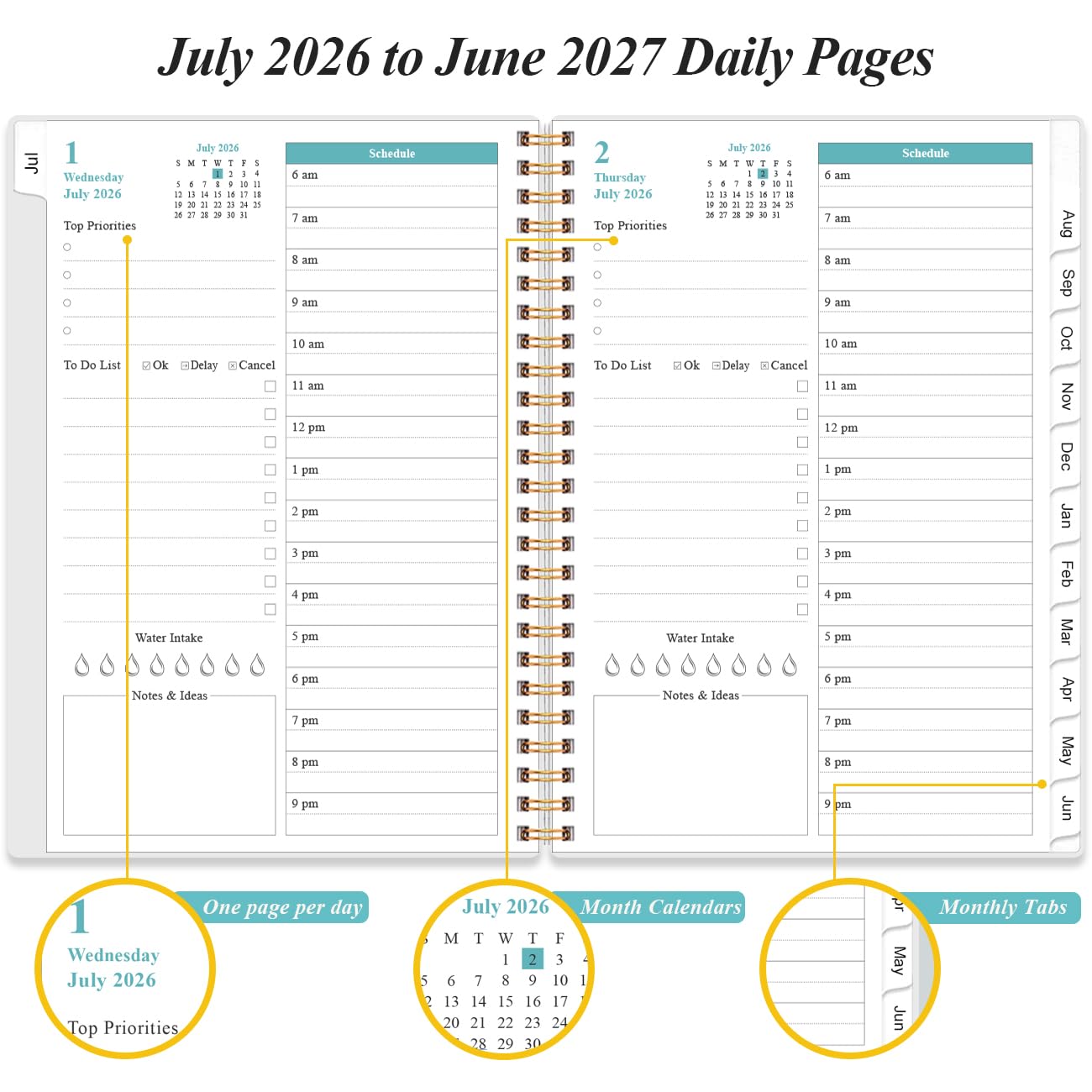 2026-2027 Daily & Monthly Planner - One Page Per Day, Daily Planner from July 2026 to June 2027, Planner 2026-2027 with 12 Monthly Tabs, 6.4" x 8.5", Black