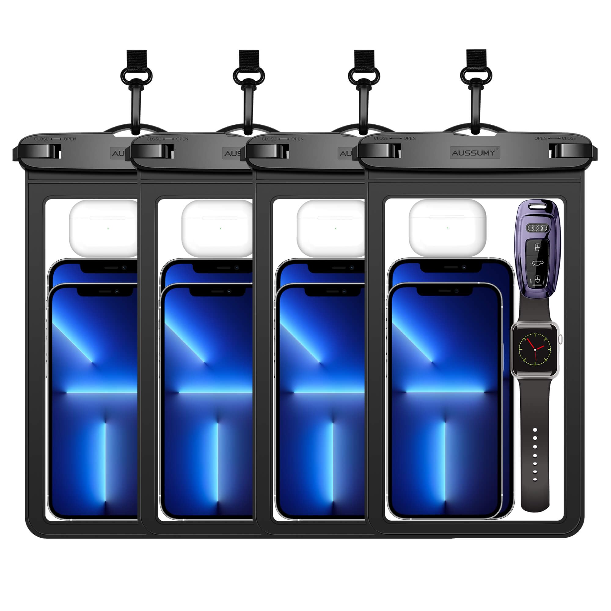 4 Pack 10.5“ Large Waterproof Phone Pouch - Underwater Clear Cell Holder - Universal Water Proof Dry Bag with Neck Lanyard for iPhone 16 Pro Max Samsung Galaxy with Heavy Case for Beach Swimming Pool