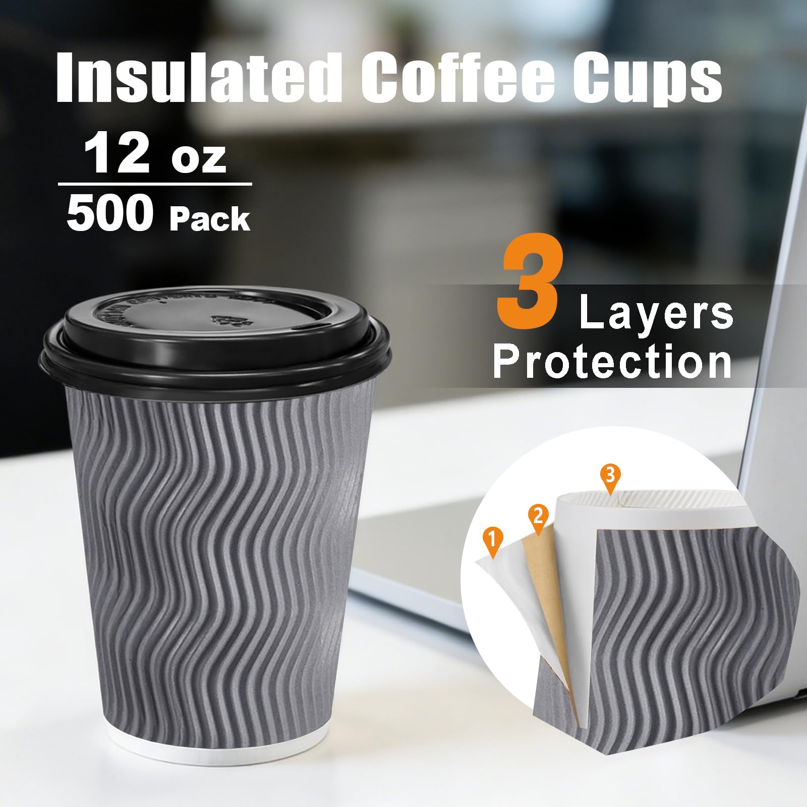 BYSNOW 100 Pack 10 oz Coffee Cups with Lids, Disposable Insulated Hot Cups To Go Paper Coffee Cups, Corrugated Ripple Wall Cup for Hot Drink, Office, Coffee Bar (Grey 10 oz)