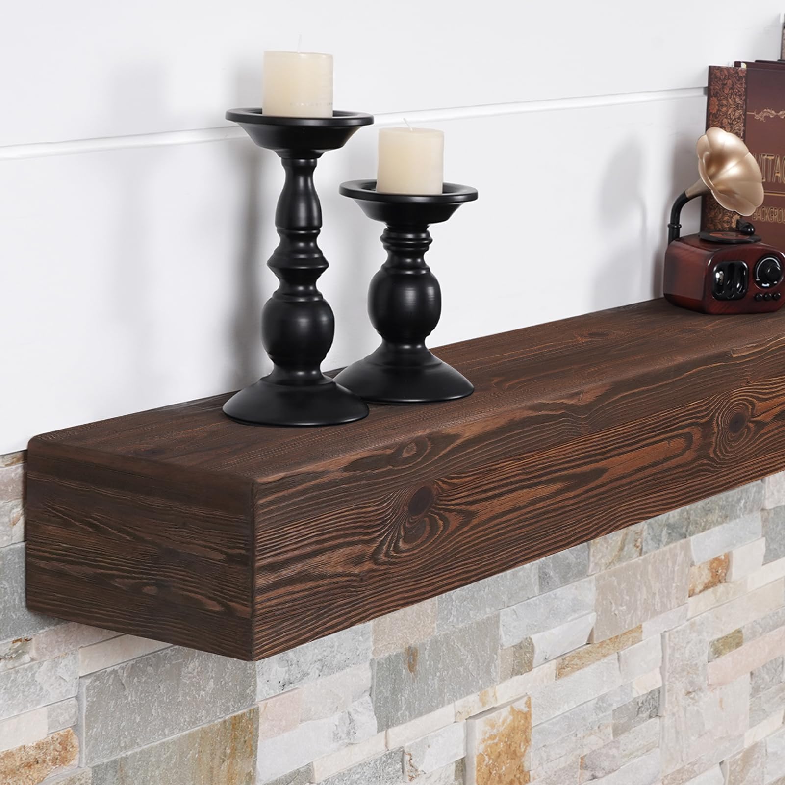 G GOOD GAIN Fireplace Mantel 54inch - Handmade Rustic Wood Mantel for Over Fireplace | Wall Mounted Floating Mantle Shelves for Living Room Decor(Chocolate, 54Lx5Hx8D)