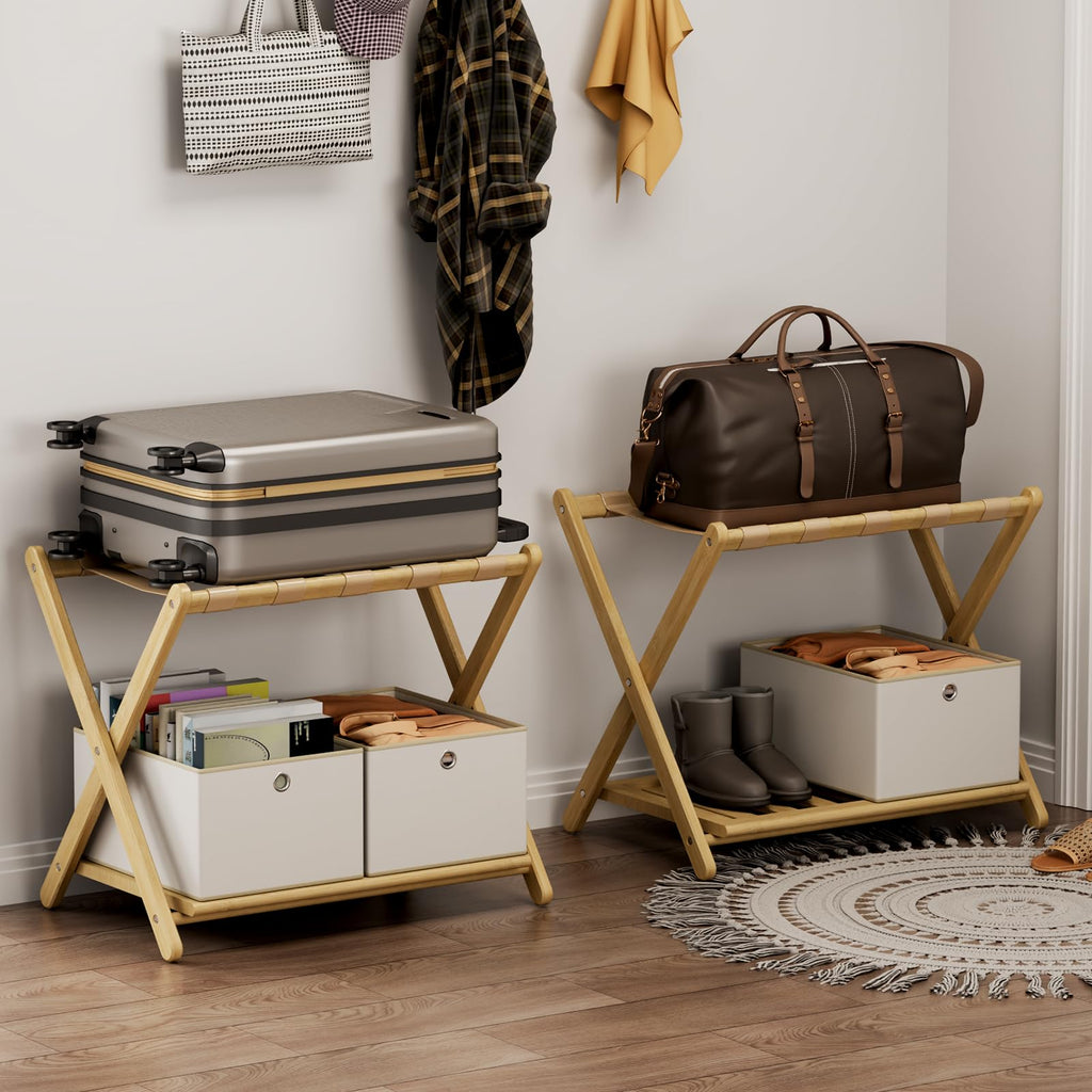 oakvivo Fully Assembled Black Luggage Rack for Guest Room, Bamboo Foldable Suitcase Stand with 5 Nylon Straps, Upgraded Luggage Rack Holder with Shelf for Bedroom Hotel, Holds up to 165 Lbs, 1pcs