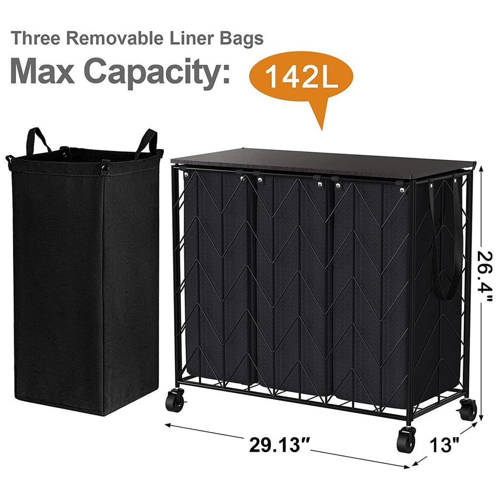 WOWLIVE Laundry Basket with Wheels, Heavy Duty Laundry Hamper with Wood Lid, Clothes Hamper with Divided Removable Liner Bag, Large Capacity Iron-Made Laundry Sorter Laundry Room Organization (Beige)