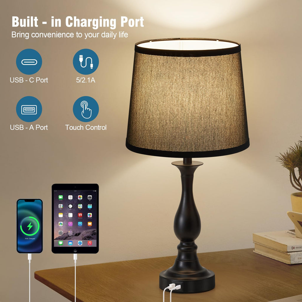 Bedside Table Lamp Touch Control Bedroom Lamps with USB A and C Charging Port 3 Way Dimmable Touch Lamps for Nightstand Living Room Bedroom Dorm Home Office Reading, Set of 2