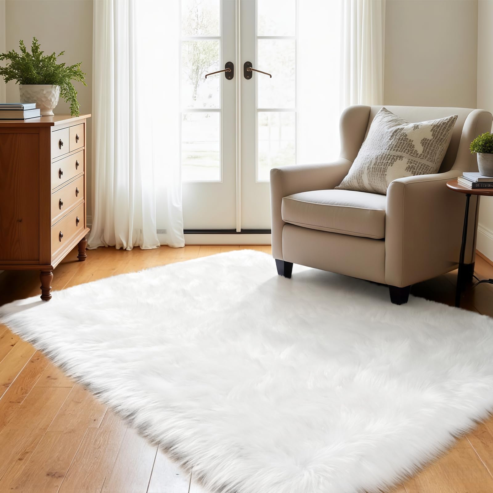 LOCHAS Soft Fluffy Faux Fur Rugs for Bedroom Bedside Rug 2x3 Feet, Washable, Furry Sheepskin Area Rug for Living Room Girls Room, Luxury Shag Carpet Home Decor, Beige