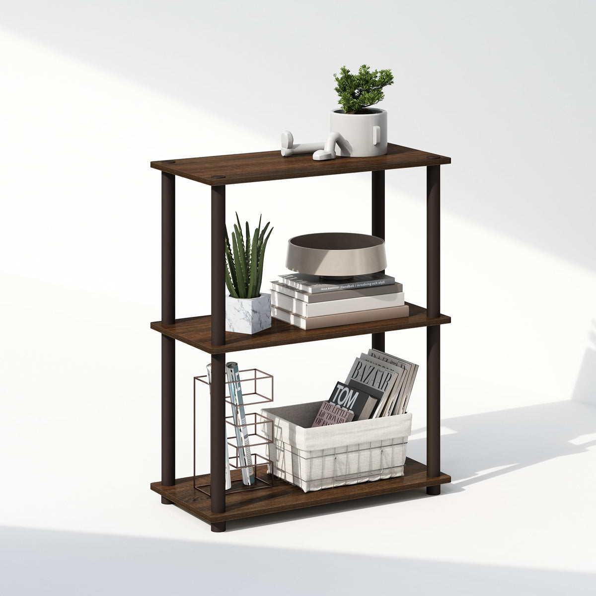 Furinno Turn-N-Tube Book Shelf, 4-Tier Bookshelf, Bookcase with Multipurpose Compact Display Rack, 11.6 x 23.6 x 43.2, for Living Room, Bedroom, Home Office, Americano/Black