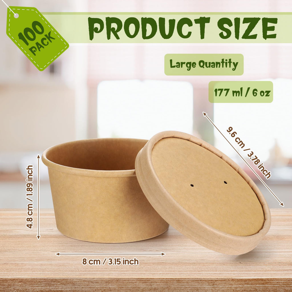 Fulmoon 100 Pack Paper Soup Containers with Lids Disposable Paper Food Containers with Vented Lid Kraft Ice Cream Cake Dessert Cups Soup Bowl for Party Hot Food Fruit Microwave(4 oz,Brown)
