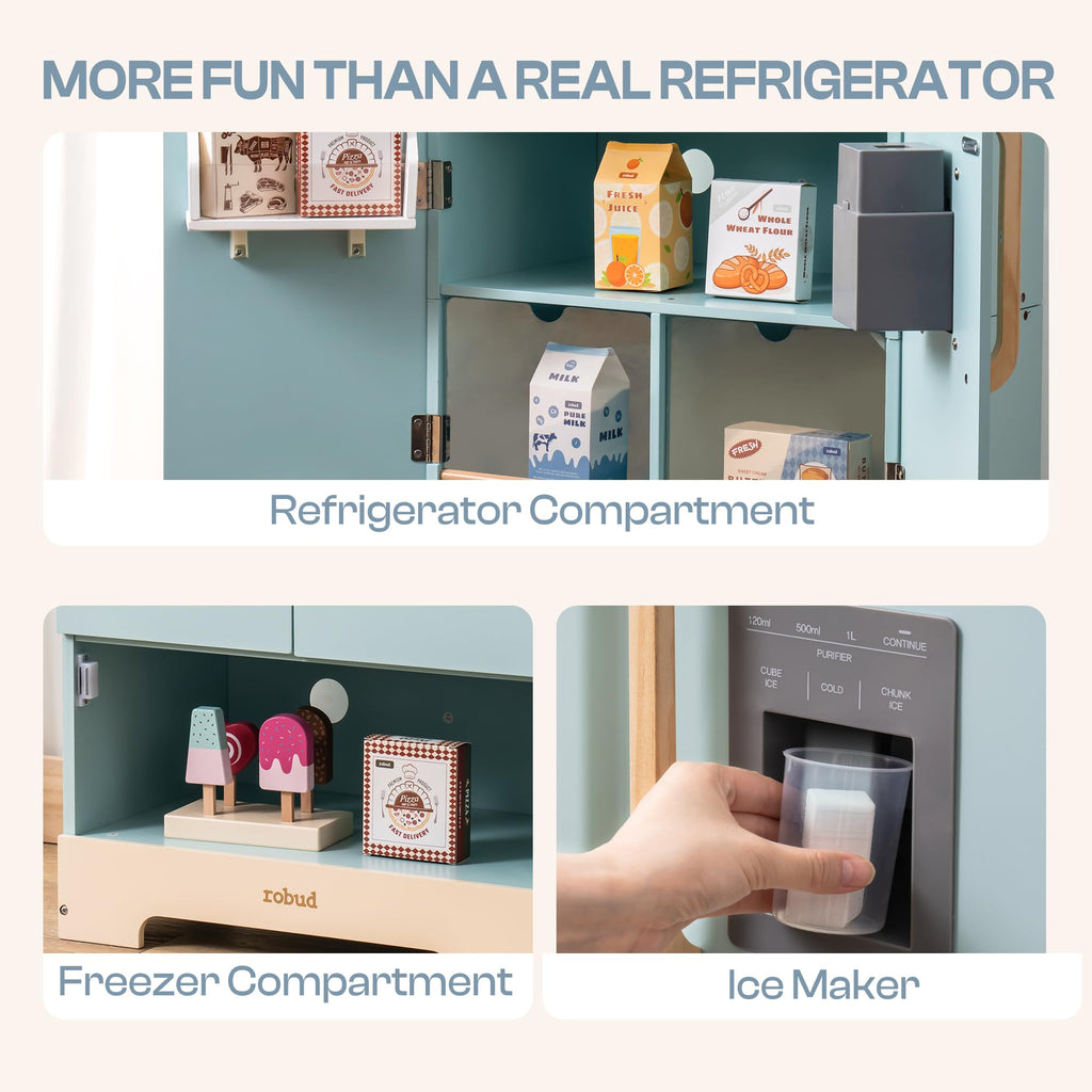 ROBUD Wooden Play Kitchen Fridge, Toy Kitchen Refrigerator, Kids Fridge Freezer Set with Ice Maker, Kitchen Playset Gift for Kids & Toddlers, Age 3+ (Caramel)
