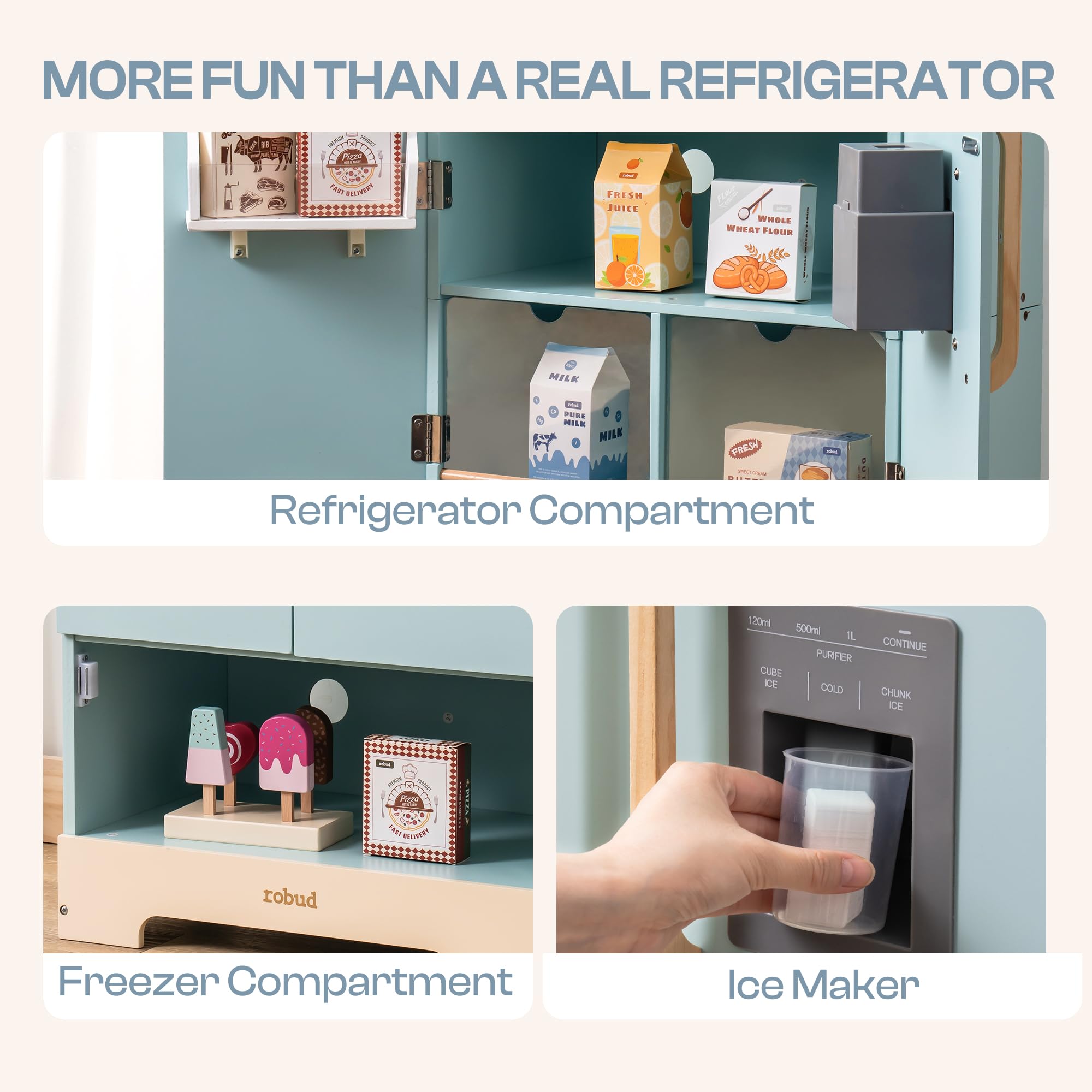 ROBUD Wooden Play Kitchen Fridge, Toy Kitchen Refrigerator, Kids Fridge Freezer Set with Ice Maker, Kitchen Playset Gift for Kids & Toddlers, Age 3+ (Caramel)