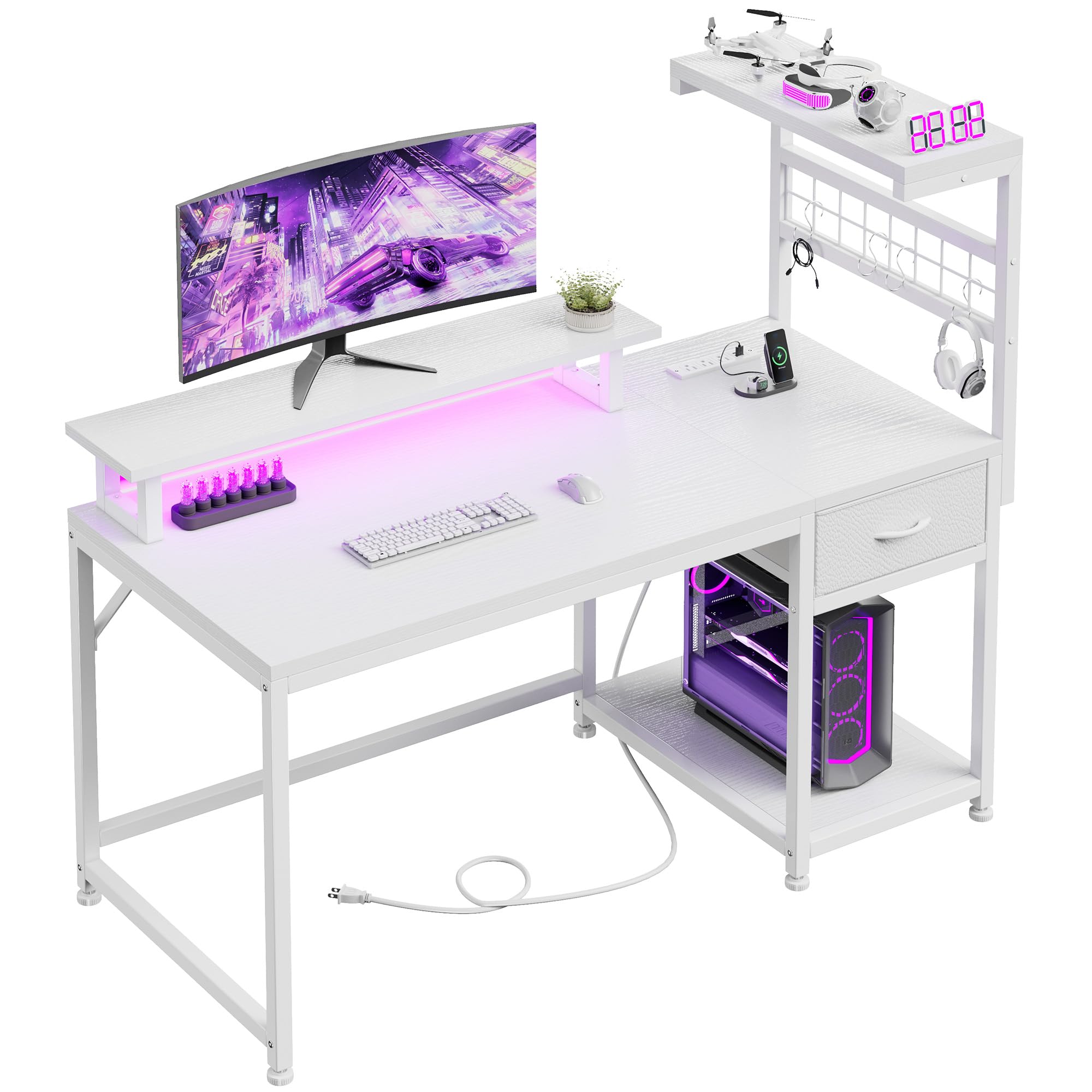 EnHomee 40" Gaming Desk with Power Outlets & LED Lights, Computer Desk with Drawer & Storage Shelve, Home Office Desk with Monitor Stand for Living Room, Study Room, Gaming Room, Black