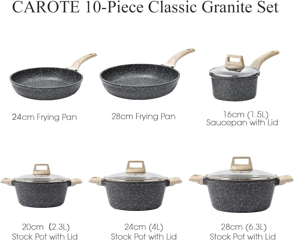 CAROTE 21pcs Pots and Pans Set Nonstick, Cookware Set Black Induction Kitchen Cooking Set w/Frying Pans & Saucepans(PFOS, PFOA Free)