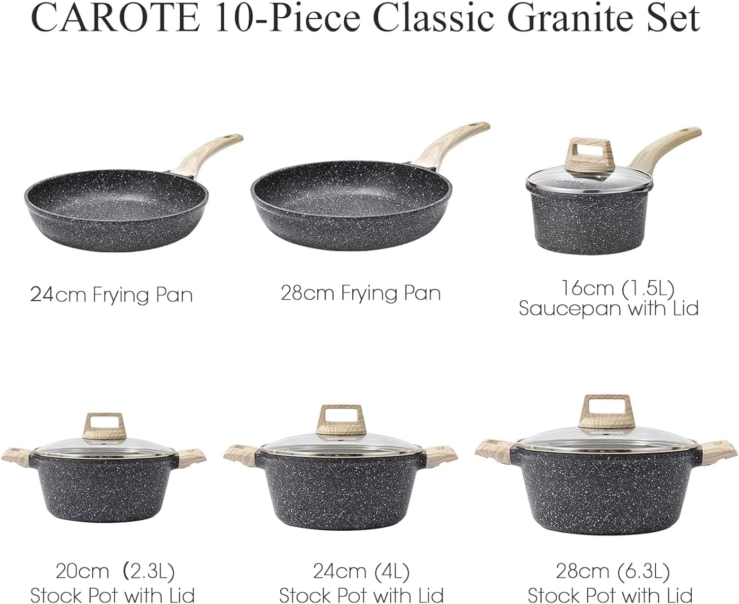 CAROTE 21pcs Pots and Pans Set Nonstick, Cookware Set Black Induction Kitchen Cooking Set w/Frying Pans & Saucepans(PFOS, PFOA Free)