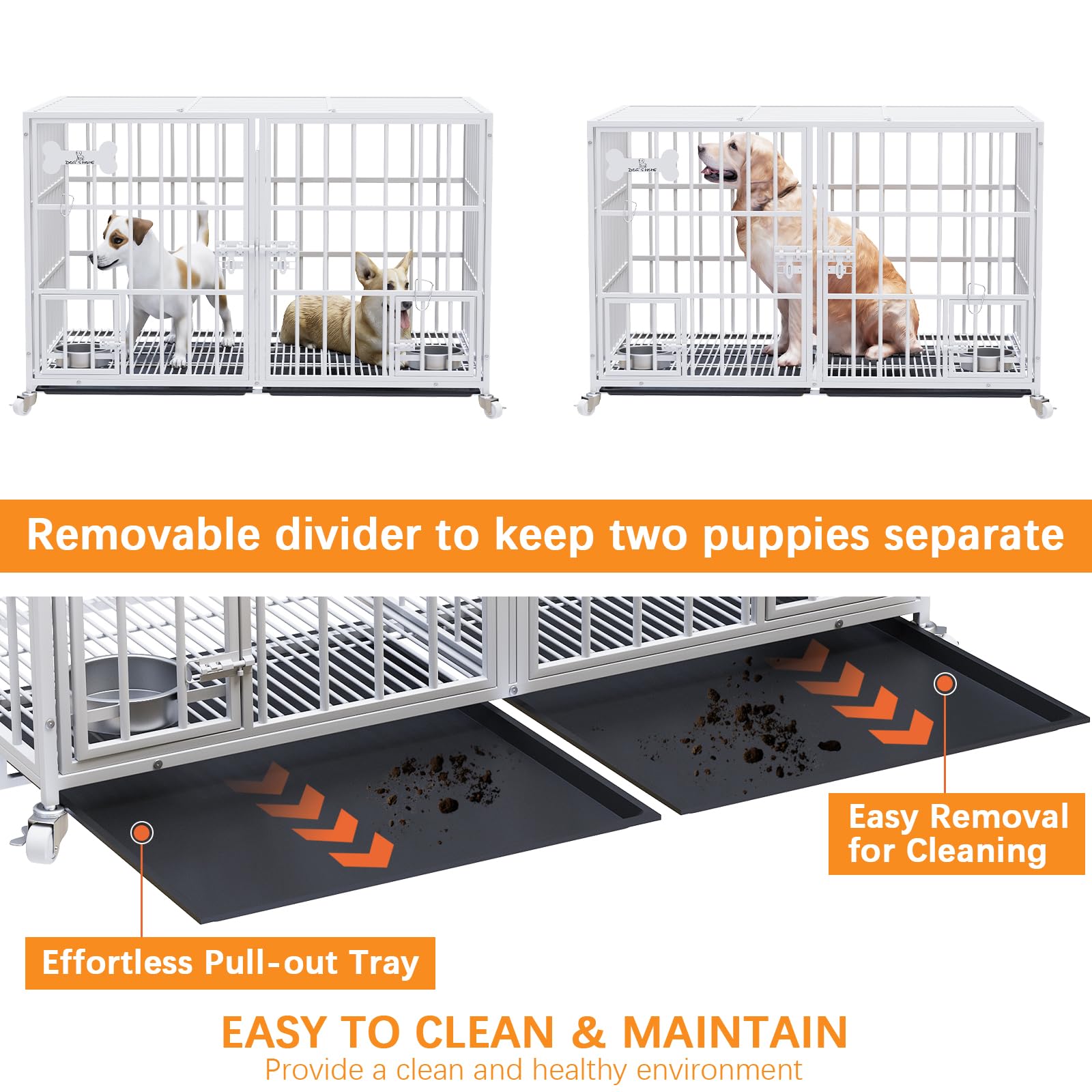 Dosker 42 inch Heavy Duty Metal Dog Crate with Divider for 2 Dogs/Large Dog, All Metal Open Top Escape Proof Cage, Indoor Dog Kennel with Wheels, Floor Grid, Tray, Feeding Bowl