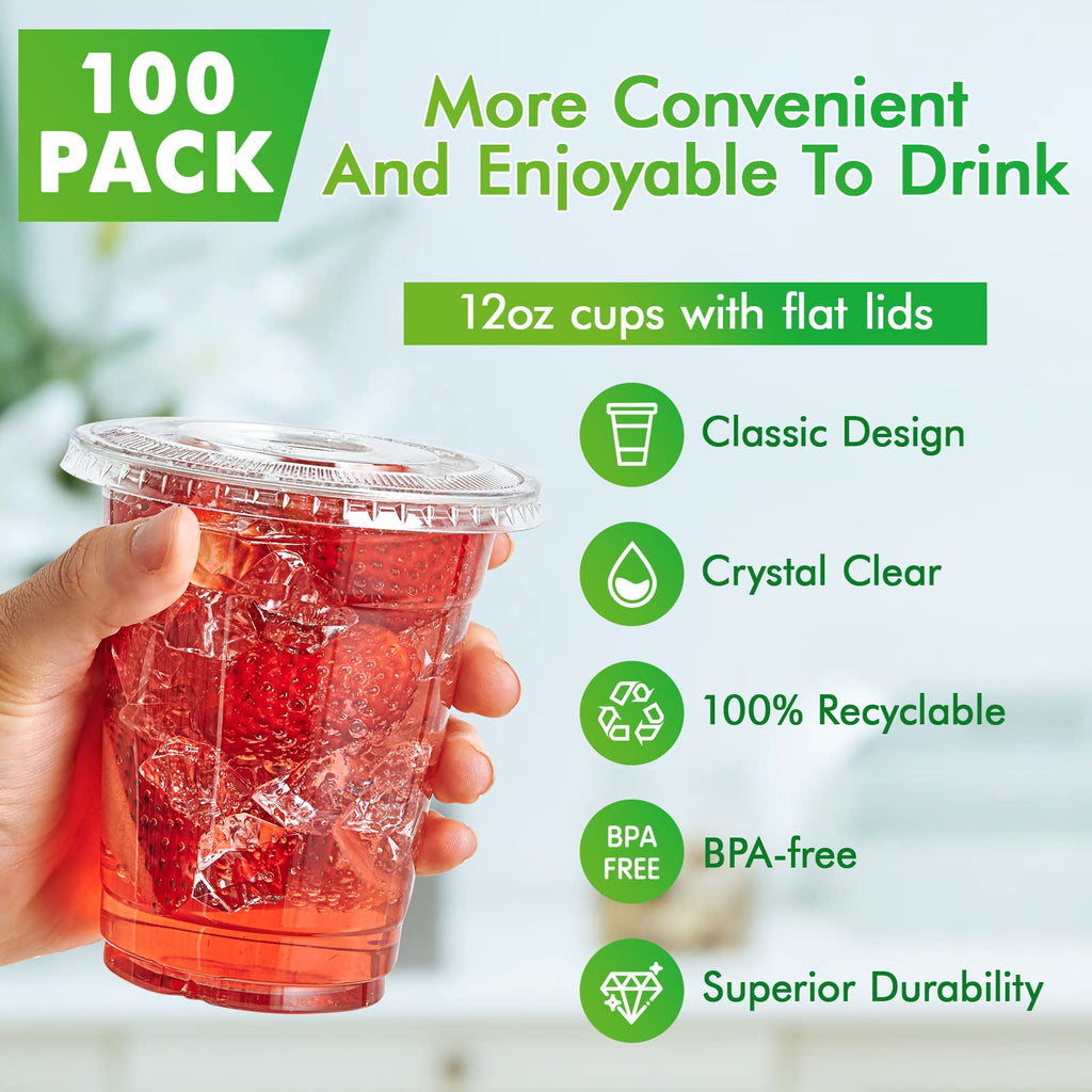 Lilymicky 200 Sets 10 oz Clear Plastic Cups With Flat Lids, 10 Ounce Disposable Drinking Cups for Smoothie, Slurpee, or Any Cold Drinks