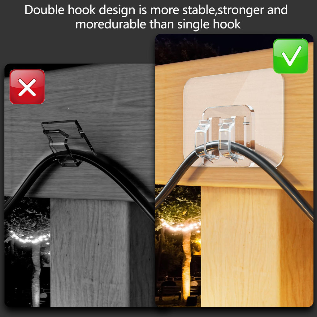 Hooks for Outdoor String Lights - 20 Pack with Adhesive Strips - No Damage, No Tools, No Holes, Waterproof and UV-Resistant, Perfect for Christmas and Patio Decor
