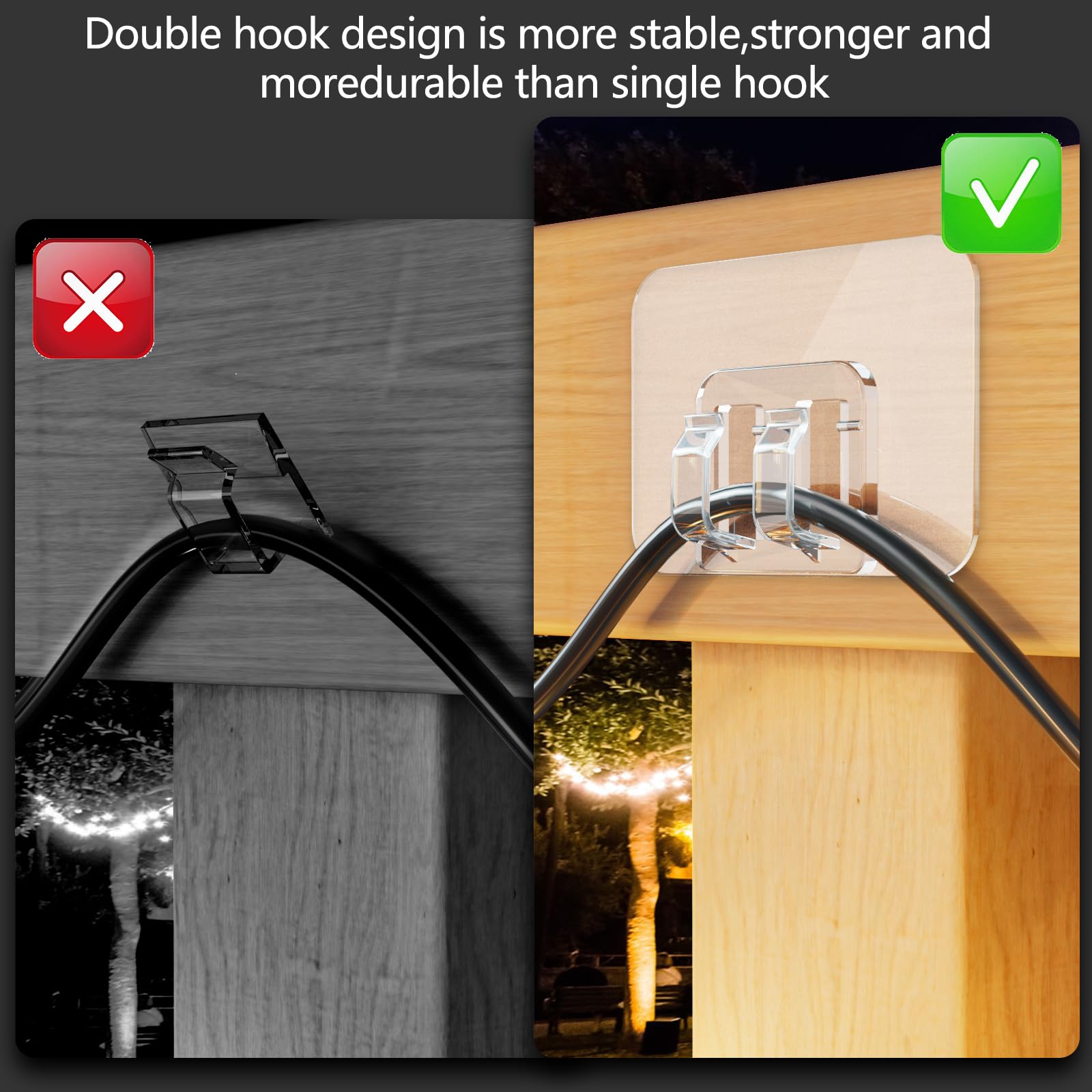Hooks for Outdoor String Lights - 20 Pack with Adhesive Strips - No Damage, No Tools, No Holes, Waterproof and UV-Resistant, Perfect for Christmas and Patio Decor
