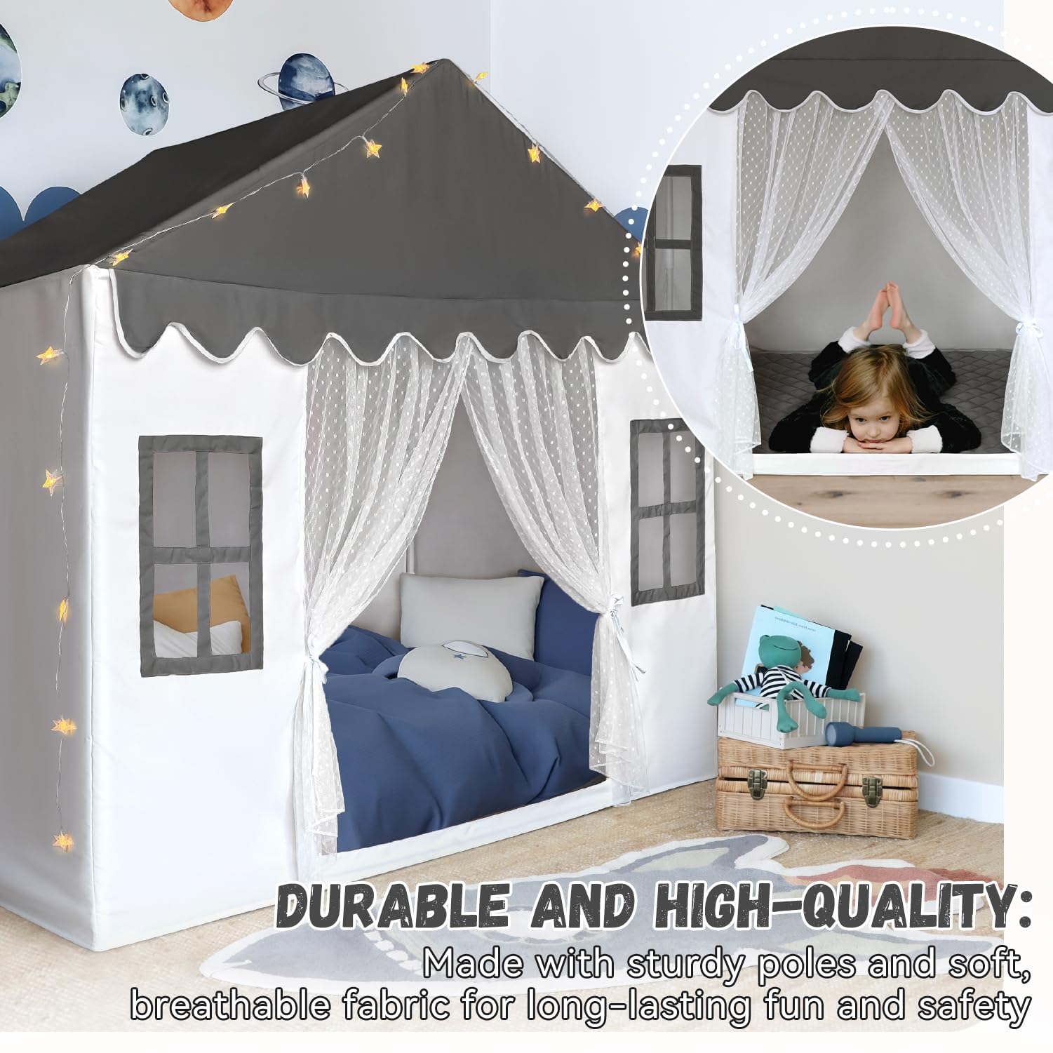 Kids Play Tent with Mat, Large Playhouse Play Tent Indoor for Girls Boys | Kids Play Playhouse Tent Ages 4-8 for Toddlers Children Boy Girl Play House Toy Birthday Gift, Washable, 57" x 35.5" x 53"