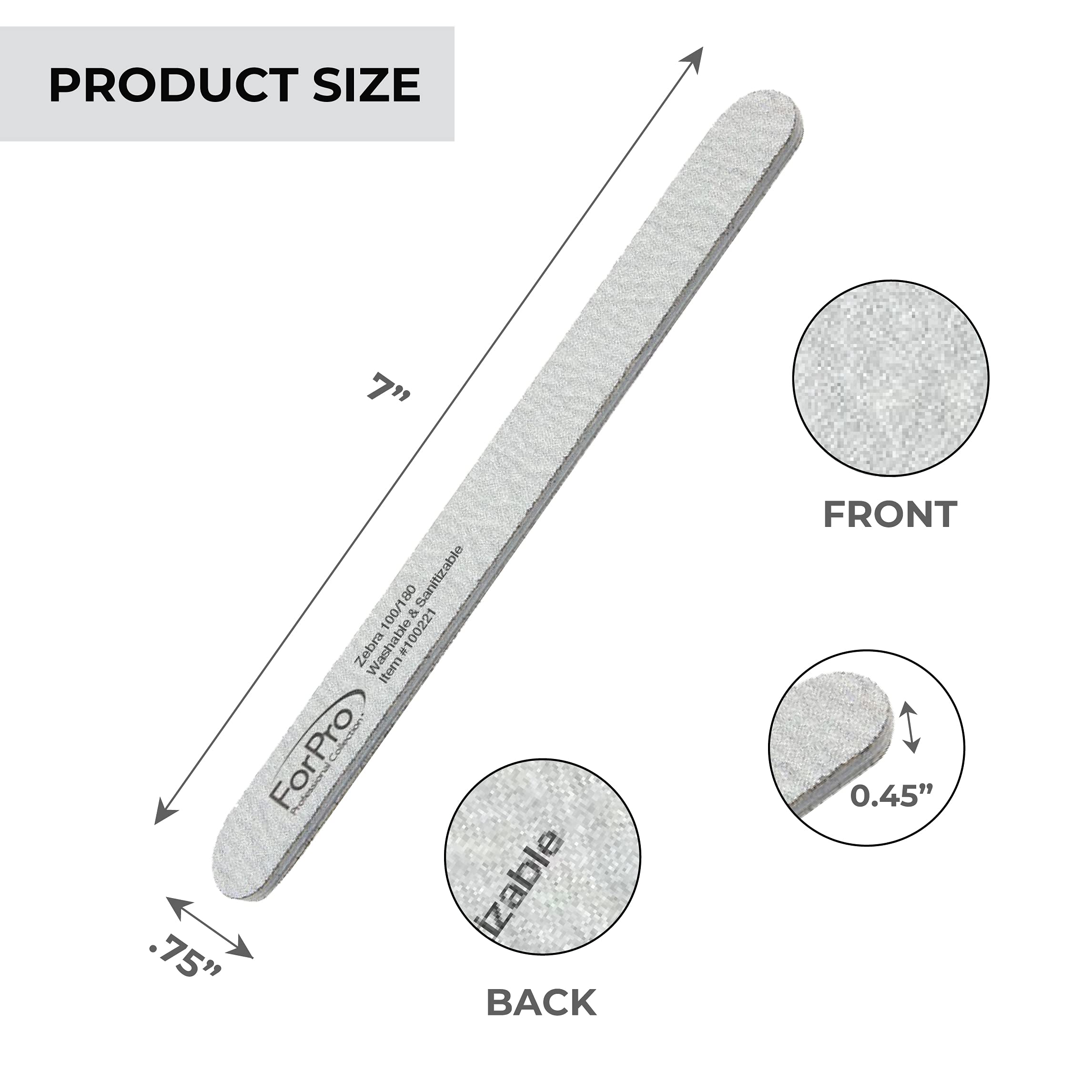 ForPro Professional Collection ForPro Zebra Foam Board, 80/80 Grit, Double-Sided Manicure Nail File, 7 inches L x .75 inches W, Black, 50 Count