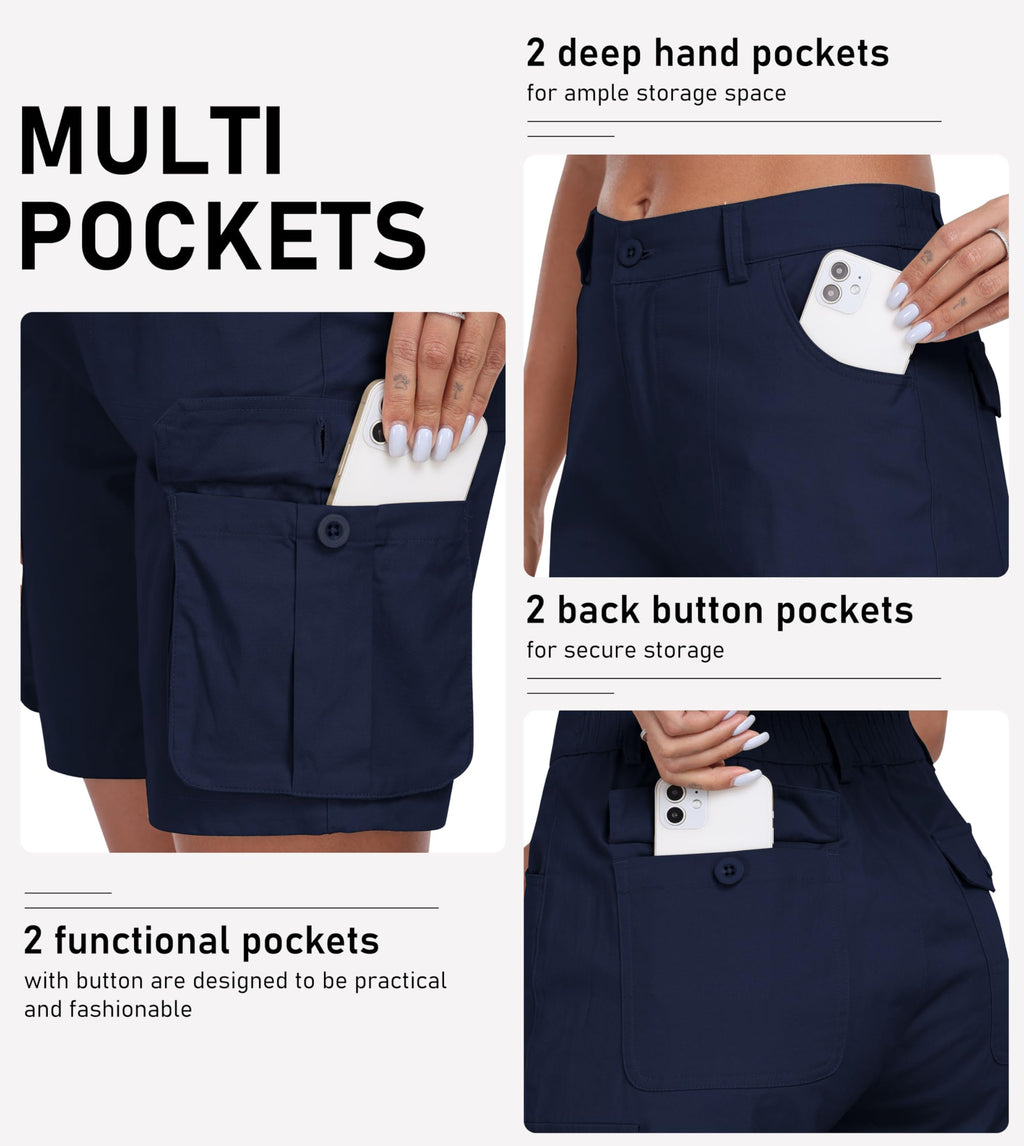 MoFiz Women's Cargo Shorts Bermuda Shorts Button Pockets Elastic Waist Knee Length Long Hiking Casual Shorts for Summer