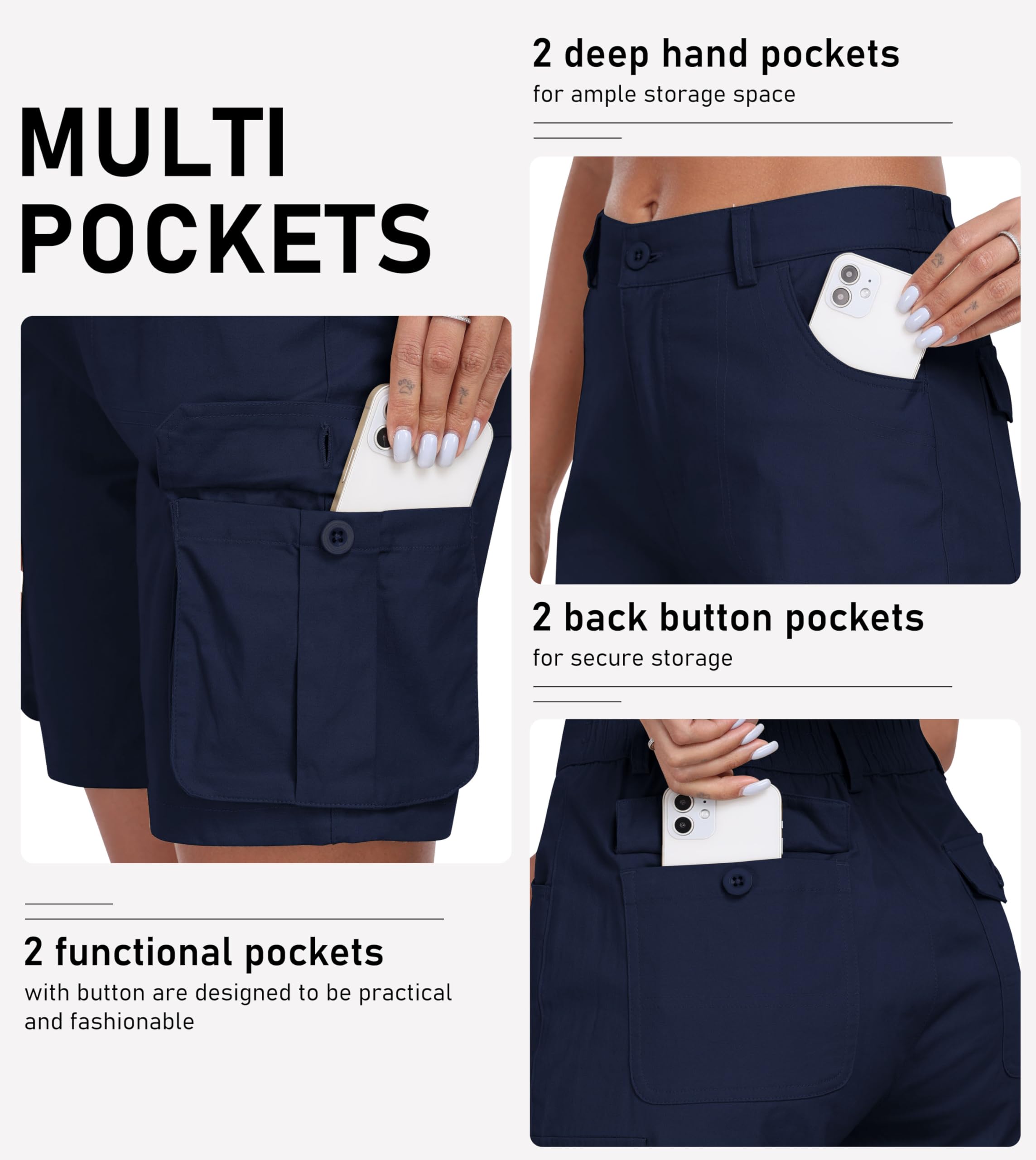 MoFiz Women's Cargo Shorts Bermuda Shorts Button Pockets Elastic Waist Knee Length Long Hiking Casual Shorts for Summer