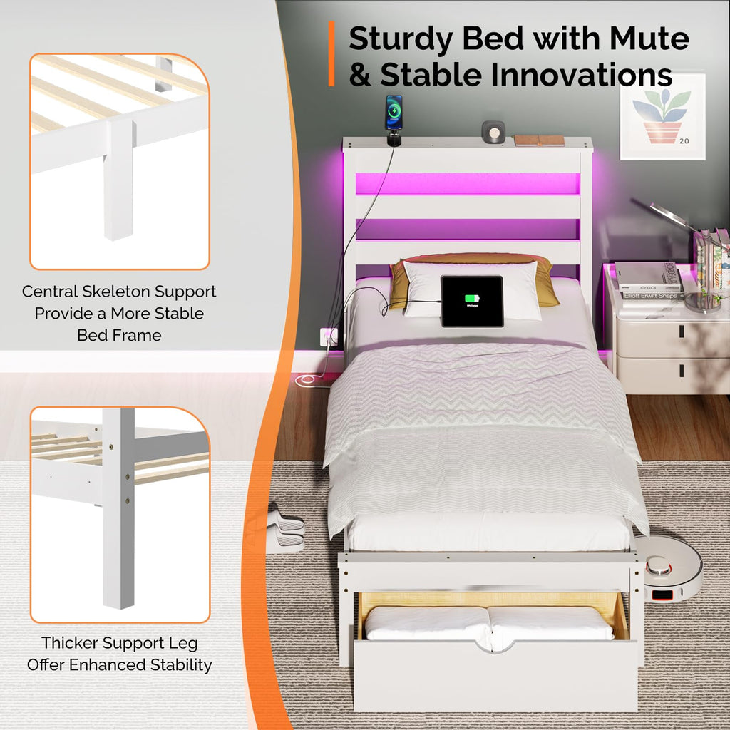 Bonnlo Twin Size Solid Wood Platform Bed Frame, Single Bed with Headboard, No Box Spring Needed Panel Bed, Wood Slat Support Mattress Foundation, White