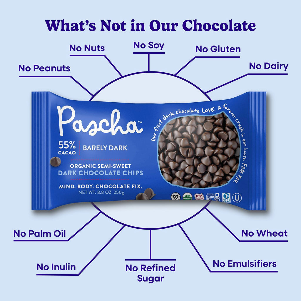 Pascha Organic 70% Cacao Baking Chips - Bittersweet Dark Chocolate with Coconut Sugar - Vegan, Non-GMO, Rainforest Alliance Certified - Allergen-Free (Pack of 8)