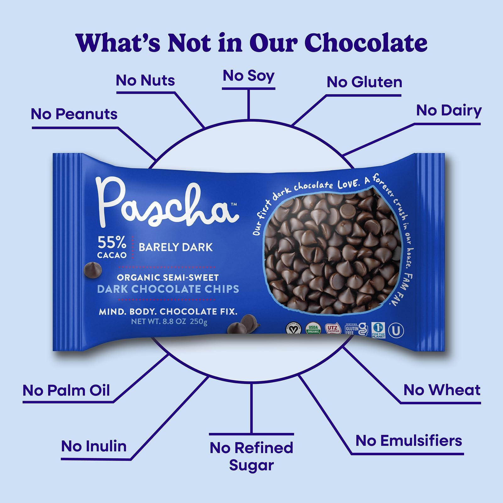 Pascha Organic 70% Cacao Baking Chips - Bittersweet Dark Chocolate with Coconut Sugar - Vegan, Non-GMO, Rainforest Alliance Certified - Allergen-Free (Pack of 8)