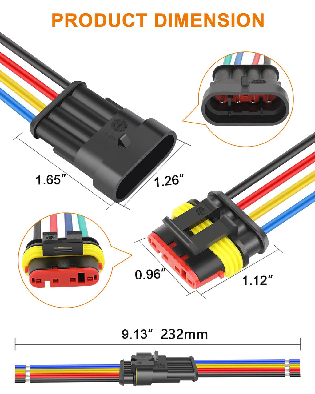 NAOEVO 2 Pin Connector Waterproof, 16 AWG 2 Wire Connectors, Automotive Electrical Male and Female Plug with Heat Shrink Tubing for Car Truck Boat Wire Connection, 6 Kits