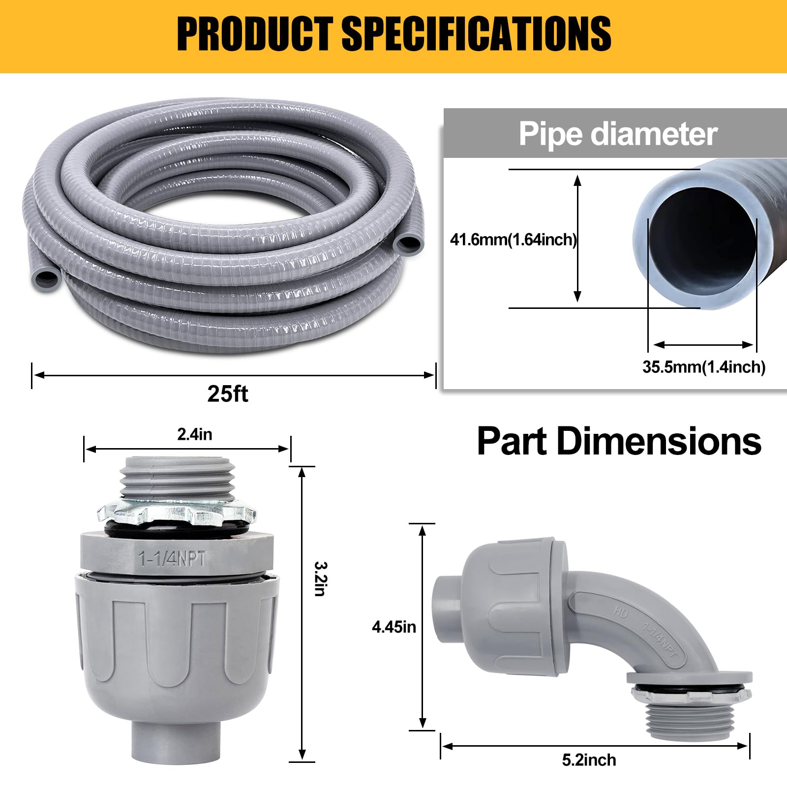 Liquid-Tight Conduit, 1-1/4 inch 25 Foot Flexible Non Metallic Electrical Conduit and Connector Kit,With 4 Straight and 2 Angle Fittings
