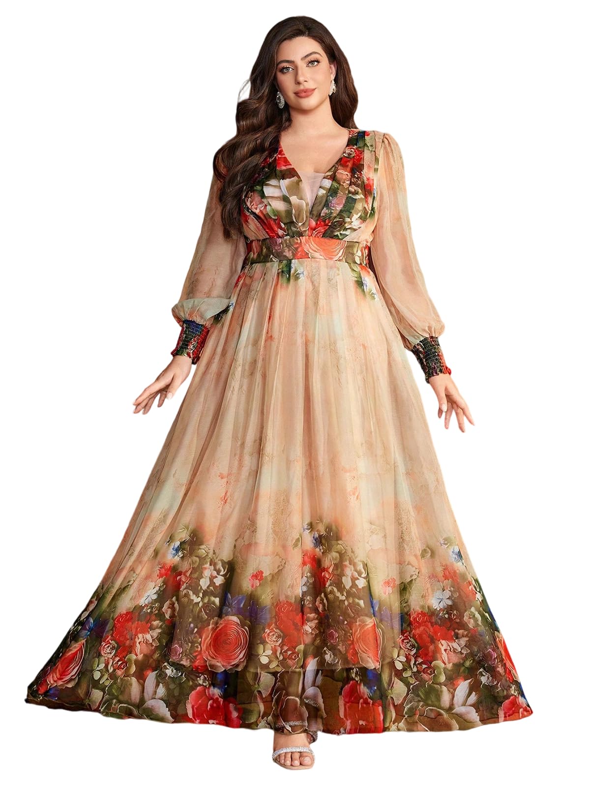 Spring Summer 2024 Plus Size Womens Dresses V Neck Casual Elegant Long Sleeve Floral Print Maxi Dress