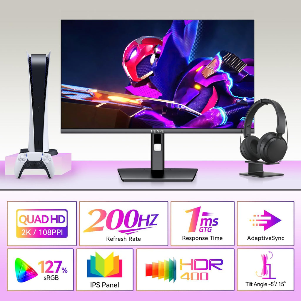 CUNPU 24 Inch 1080P 200Hz Gaming Monitor, FHD Fast IPS Panel, 124% sRGB 1ms HDR Zero-Frame Computer Monitor, Built-in Speaker, HDMI 2.1, DisplayPort 1.4, FreeSync & G-Sync, Tilt, VESA, Eye Care