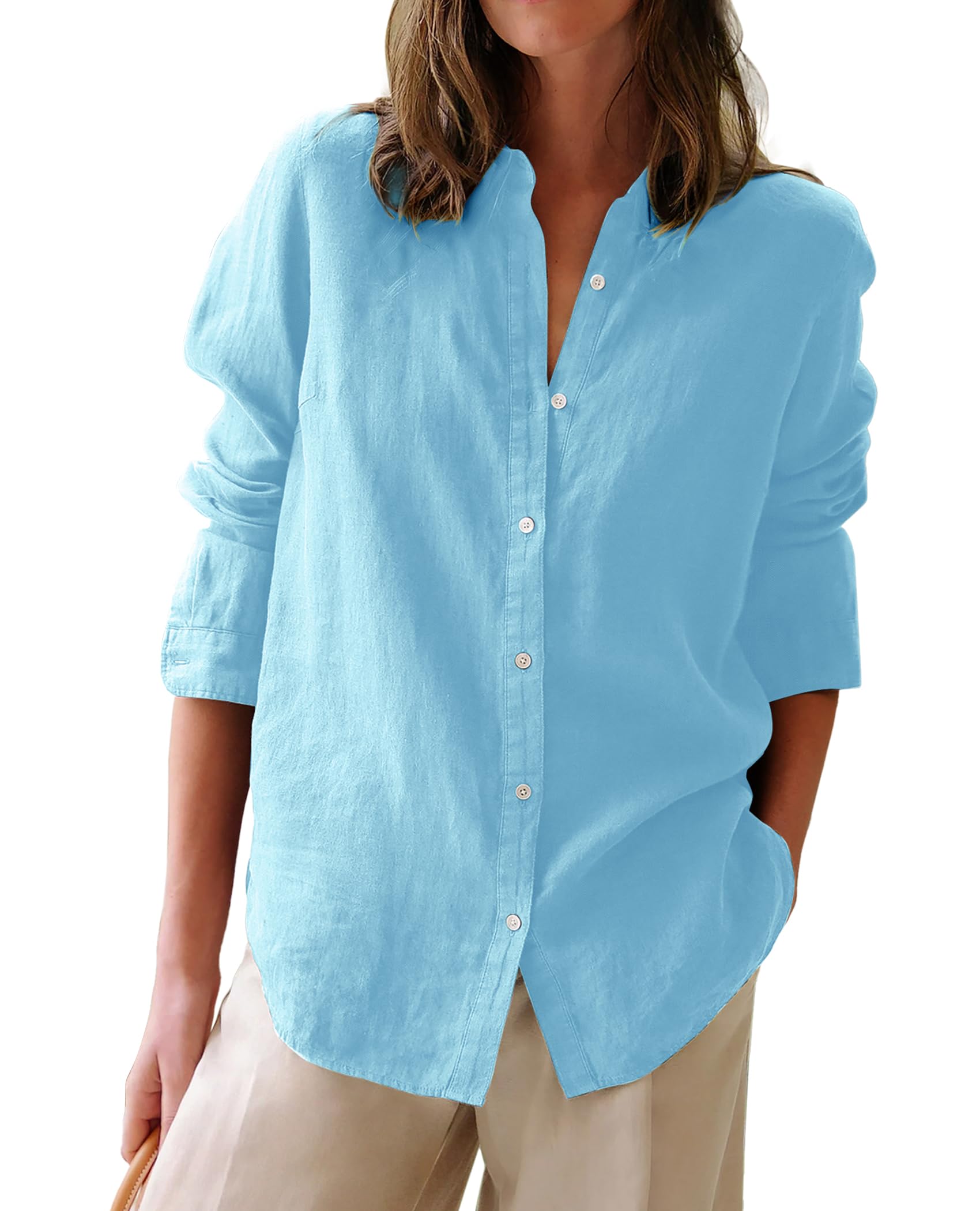 Button Down Shirts for Women Cotton Oxford Shirts Long Sleeve Dress Shirts Collared Blouses Work Casual Solid Tunic Tops