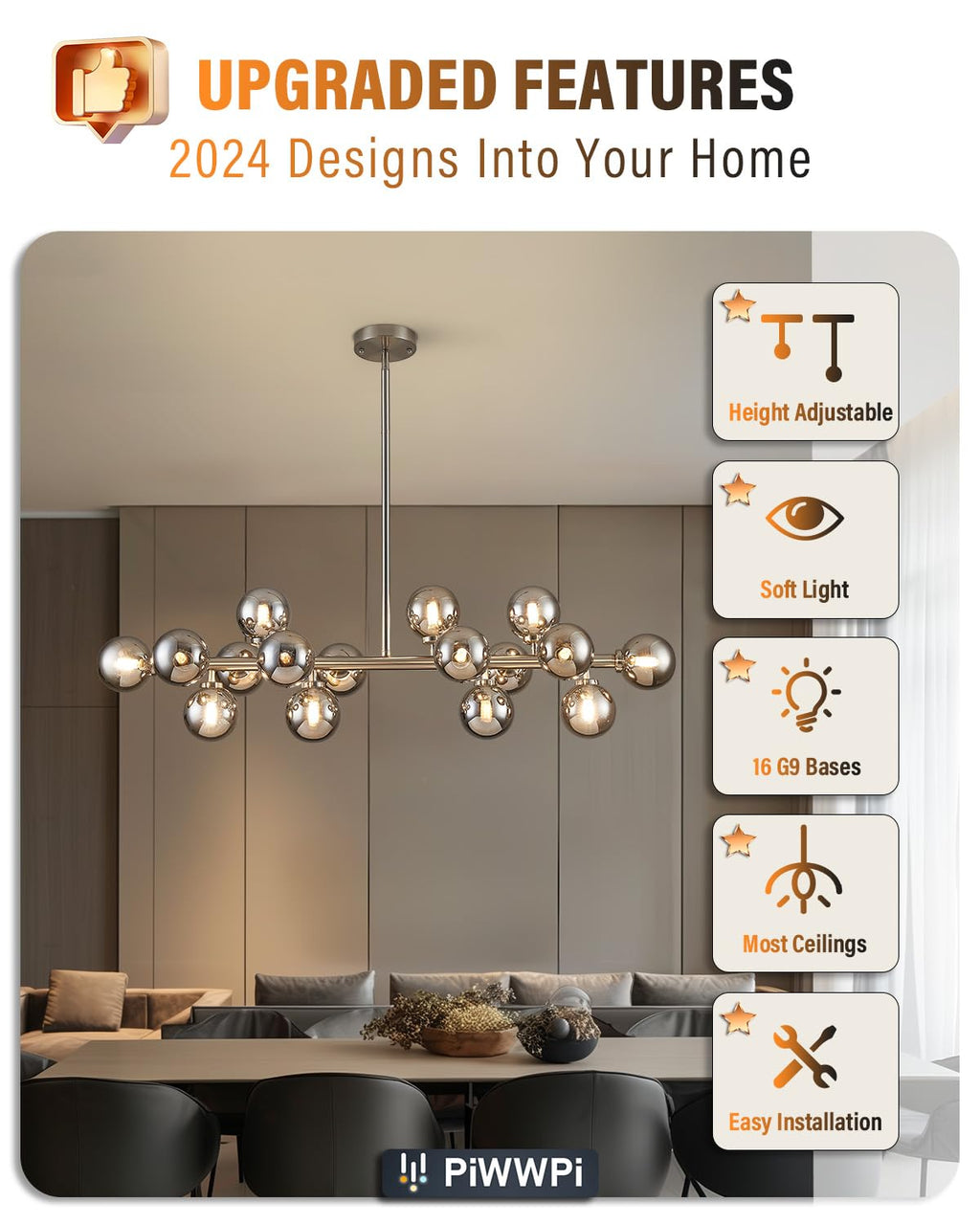 Modern Linear Chandeliers for Dining Room, 8-Light Globe Sputnik Pendant Ceiling Light, Black Dining Room Light Fixture Over Table, Mid Century Glass Milk White Bubble, 31.5 Inch, GC-09