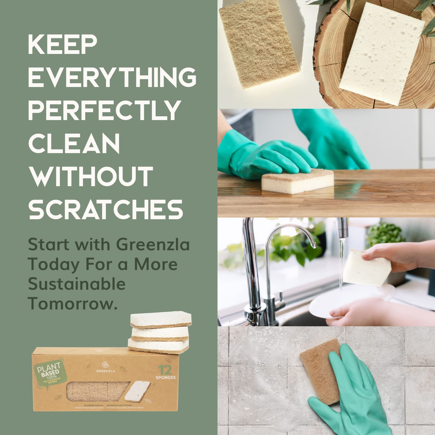 Greenzla Kitchen Sponges, Odor Free Plant-Based Dish Sponges, Non-Scratch Sisal Hemp Scouring Pads for Dishes, Countertops, Bathtubs, and Tiles, 6 Pack