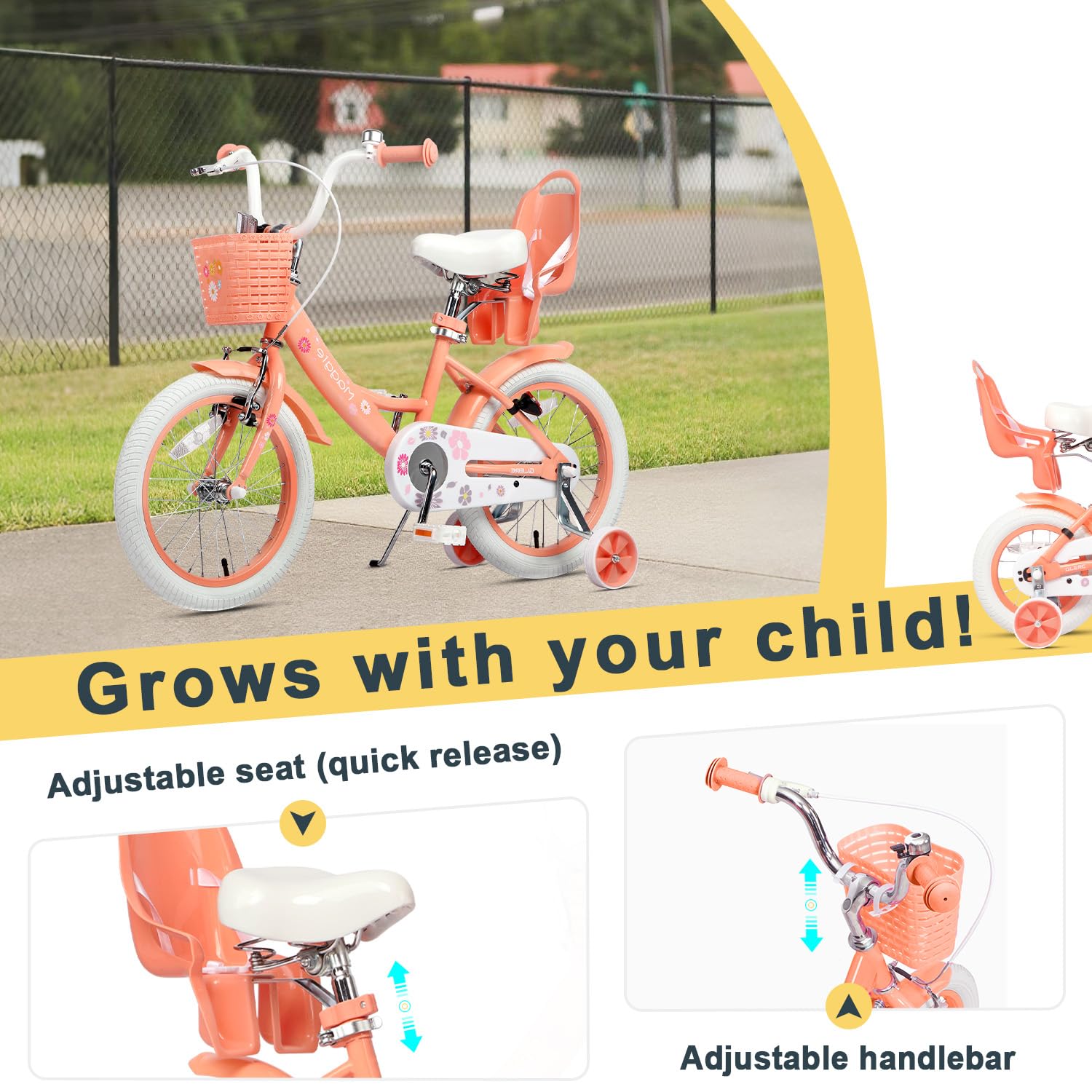 Glerc Maggie Girls Bike, 12-20 Inch Kids Bike for 2-13 Years Old Children, Princess Style Kids Bicycle with Doll-Seat & Basket & Training Wheels, Multiple Colors