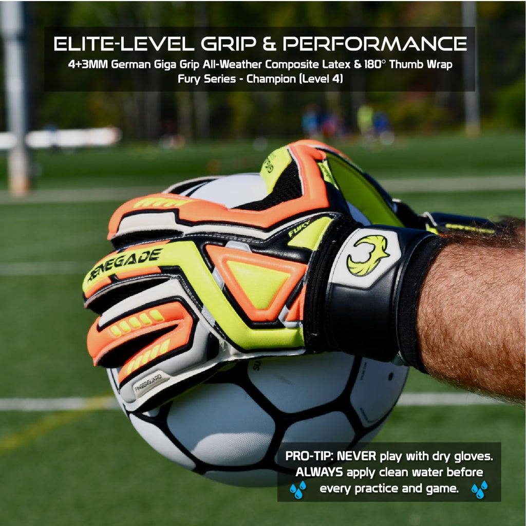 Renegade GK Fury Goalie Gloves with Microbe-Guard - Adult, Youth, Kids (Sizes 6-11) Pro-Tek Fingersaves & 4+3MM Giga Grip | High Performance Pro-Level Goalkeeper Glove | Based in USA