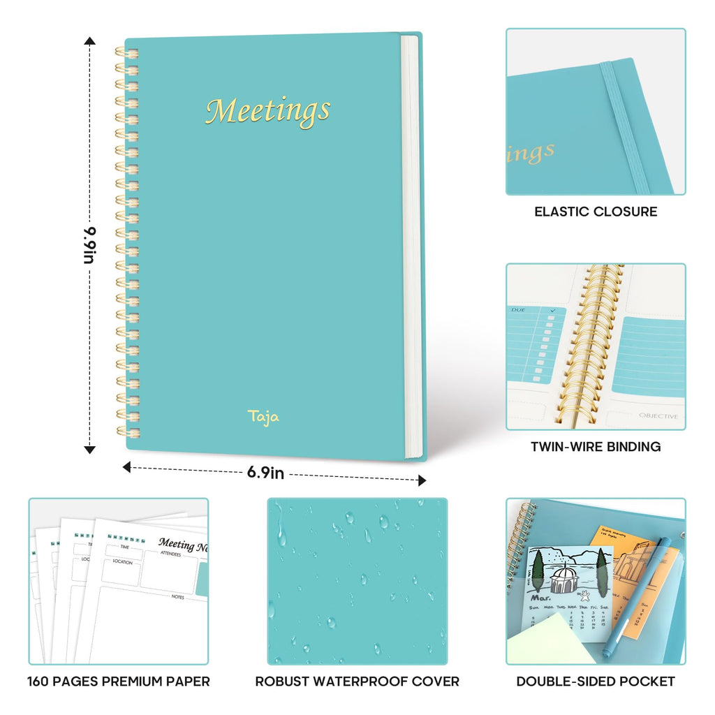 Meeting Notebook for Work Organization - Work Planner Notebook with Action Items, Agenda Planner for Note Taking, 160 Pages (6.9" X 9.9") Project Organizer for Men & Women - Pink