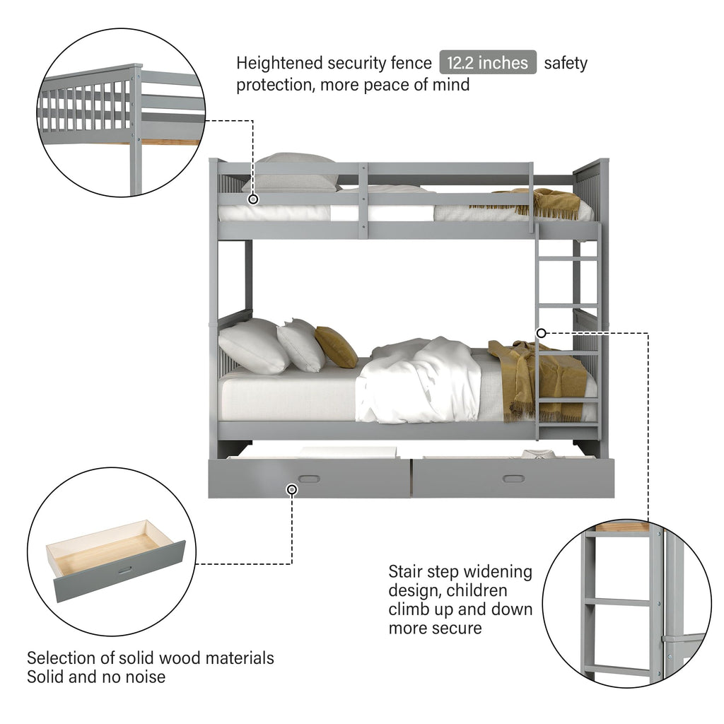 Merax Wood Bunk Bed with Two Drawers,Convertible Wood Bunk Bed with Ladders and Two Storage Drawers,Solid Wood Detachable Bed Frame with Ladders, Twin Over Full Size, Espresso