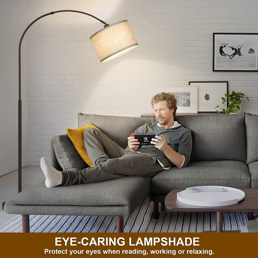 Rattan Floor Lamp, Arc Floor Lamps for Living Room, Farmhouse Standing Lamp with Adjustable Hanging Fabric Shade, Tall Pole Lamp with Foot Switch, Over Couch Arched Reading Light for Bedroom, Office