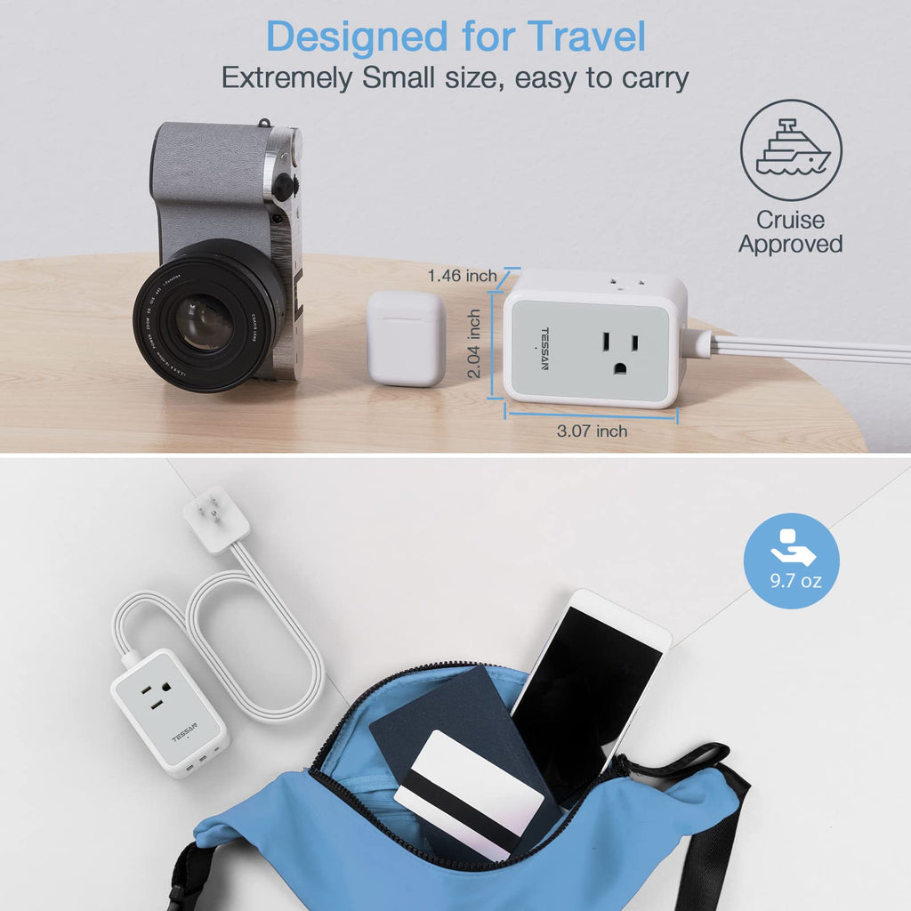 TESSAN Small Flat Plug Power Strip, Ultra Thin Extension Cord 5 ft, 3 AC Outlets with 3 USB Ports (1 USB C), Multiple Wall Outlet Extender for Cruise Travel Office School Dorm Room Essentials, Black